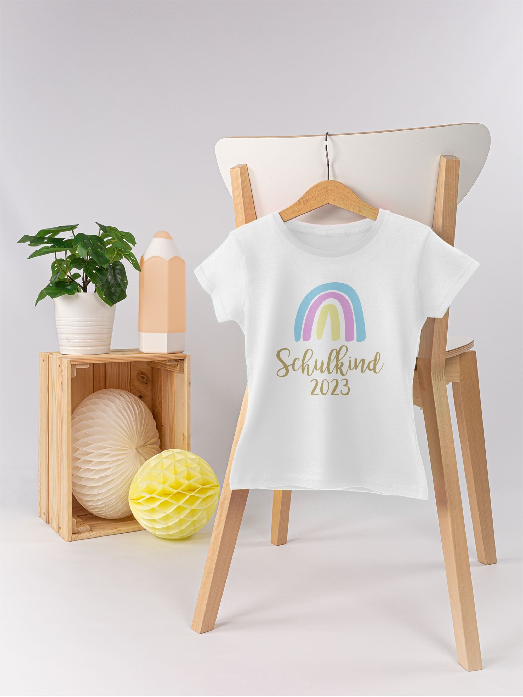 Shirtracer T-Shirt Gold / 2023 Einschulung 1 Pastell Weiß Mädchen Schulkind Regenbogen