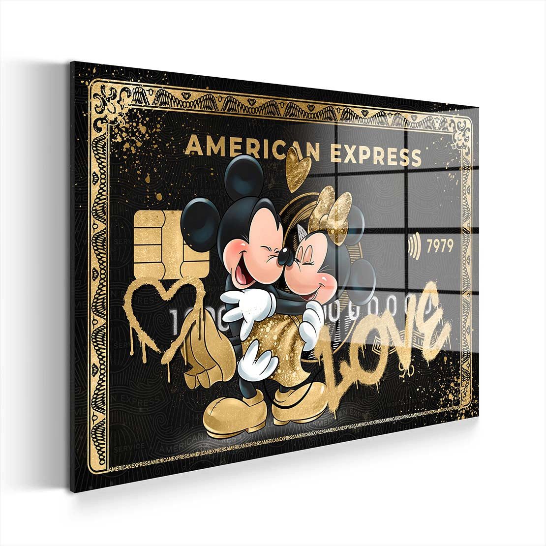 Artedinoi Acrylglasbild Love Card Acrylglasbild Wandbild Pop Art Comic Maus Paar Herz Gold XXL, Verliebtes Comic-Mäusepaar mit Herz auf goldener Kartenoptik