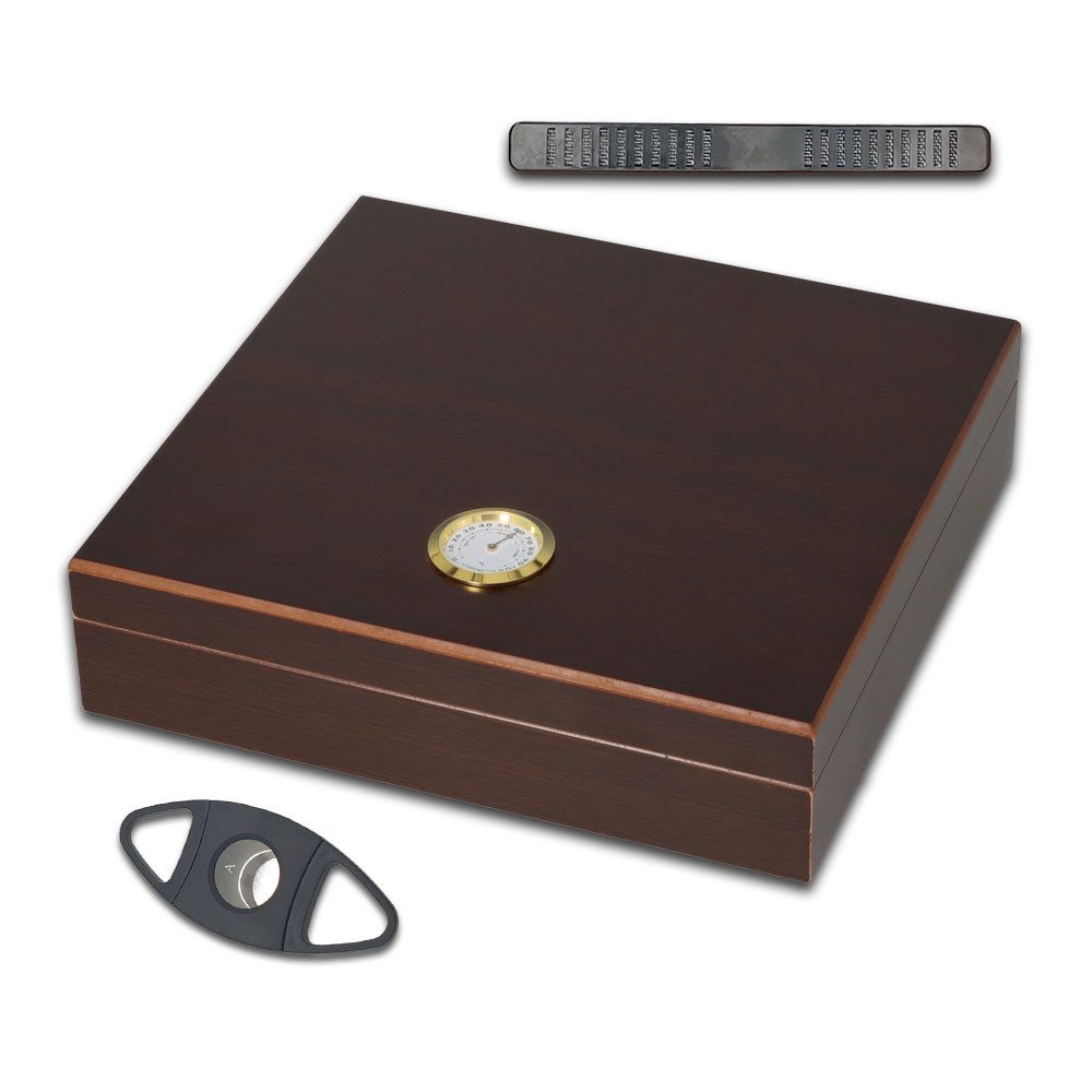 Coumo Humidor Schwarz, Braun, Sichtfenster, Zigarren, Set mit Befeuchter, Cutter
