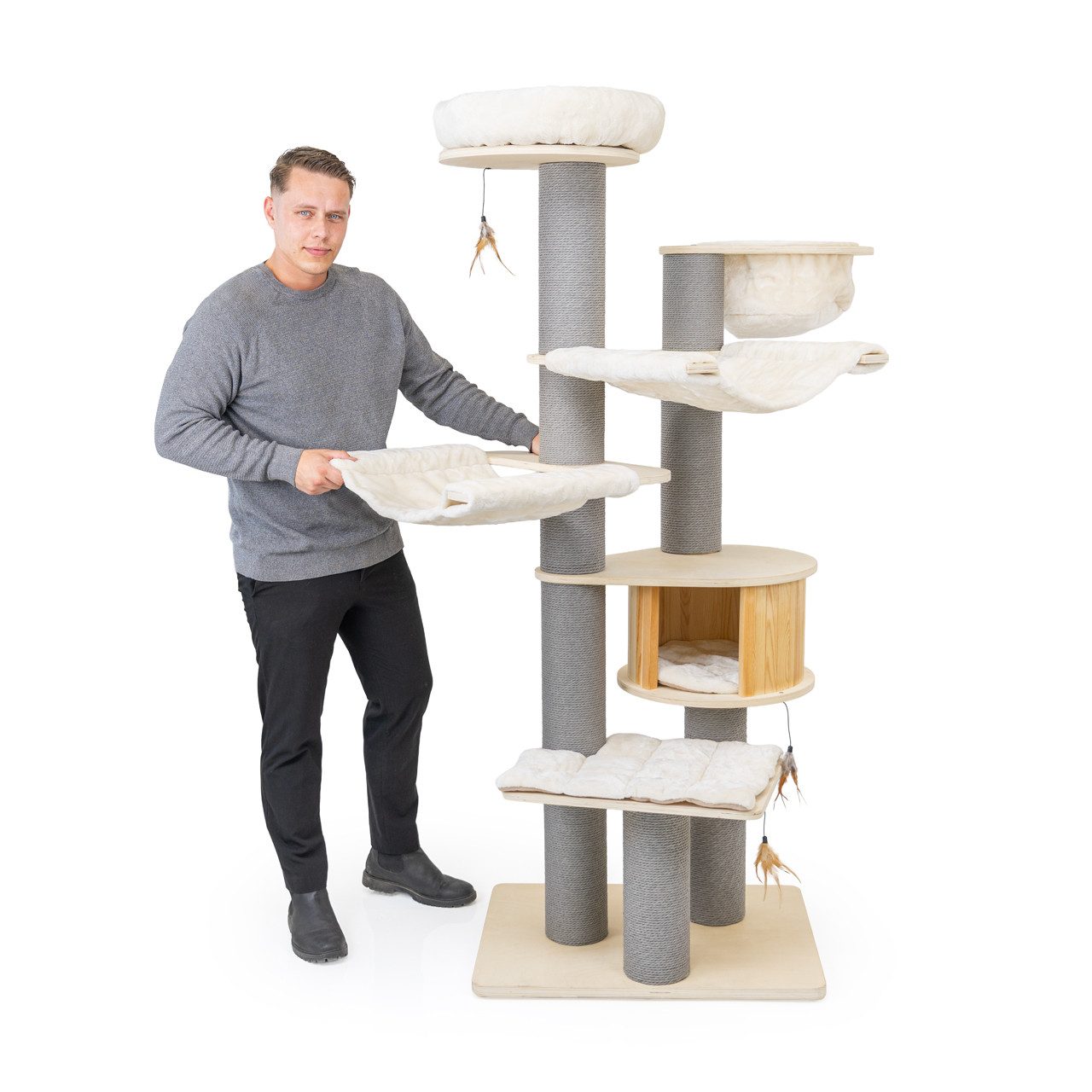 Canadian Cat Company Kratzbaum Avery XXL, beige-anthrazit, 186cm, Massivholz Katzenbaum, Hängematten für große Katzen, 75 x 56 x 186 cm