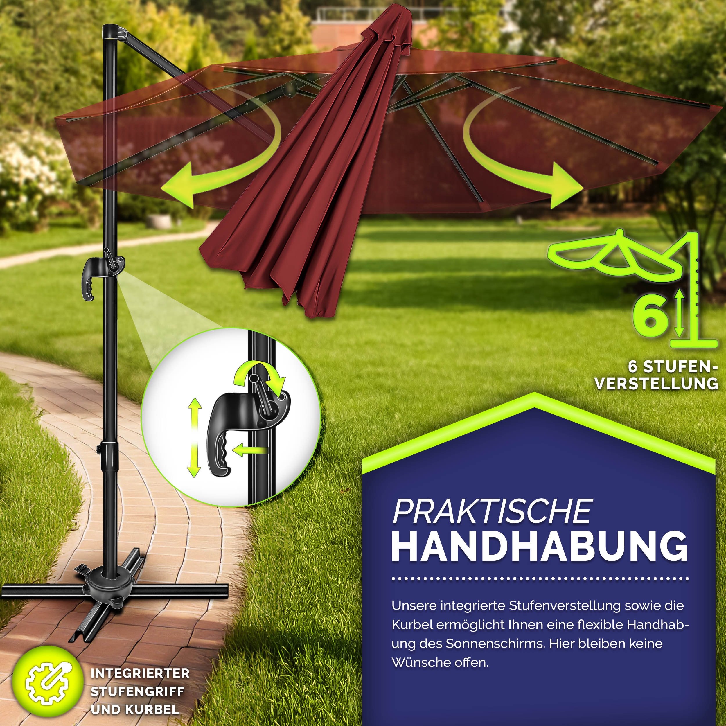 tillvex Sonnenschirm tillvex® Premium Alu Sonnenschirm 330 cm + Abdeckung & Windsicherung, Premium-Series, inkl. Regenabdeckung, Ampelschirm 6-fach Verstellbar mit Kurbel