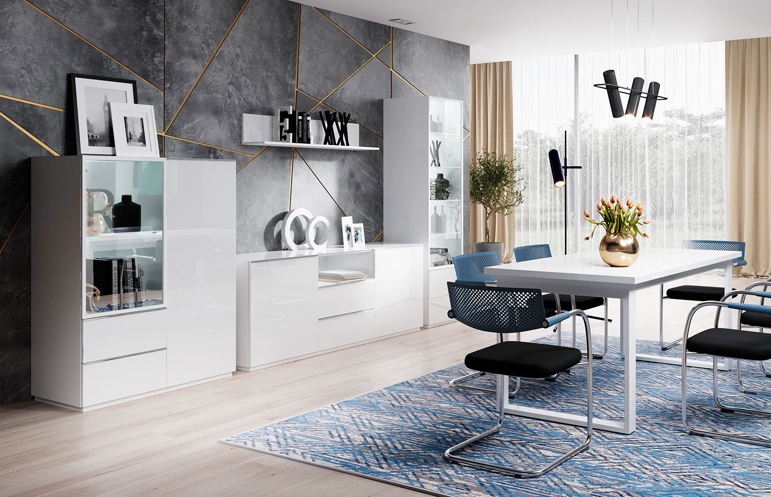Helvetia Esszimmer-Set Helios, (2 Vitrinen, 1 Kommode, 1 Wandregal, 1 Esstisch, 5-St., Metallgriffe, ohne Beleuchtung), 620x48x195cm weiß / weiß Glas 5 Teilig
