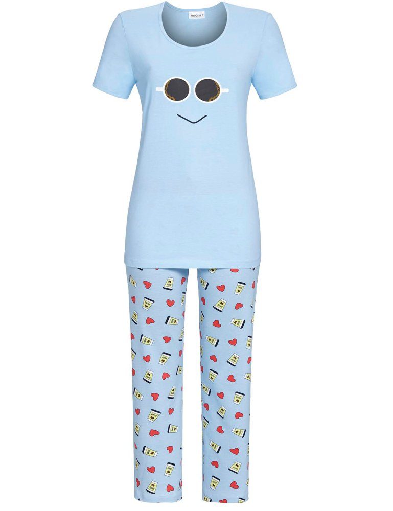 7/8 2211201 "Smiley" Damen Kurzarm - Schlafanzug mit Pyjama Hose Ringella Hellblau
