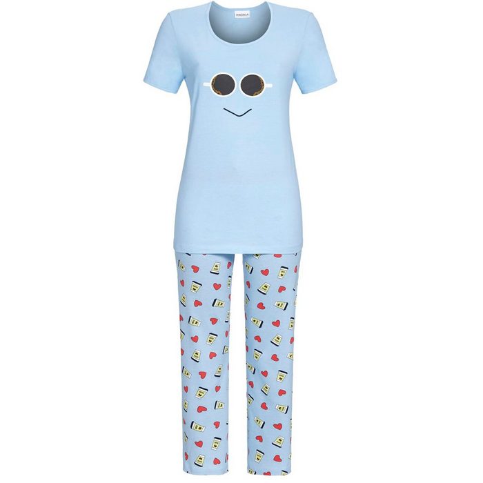 Ringella Pyjama Damen Kurzarm Schlafanzug "Smiley" mit 7/8 Hose 2211201 - Hellblau
