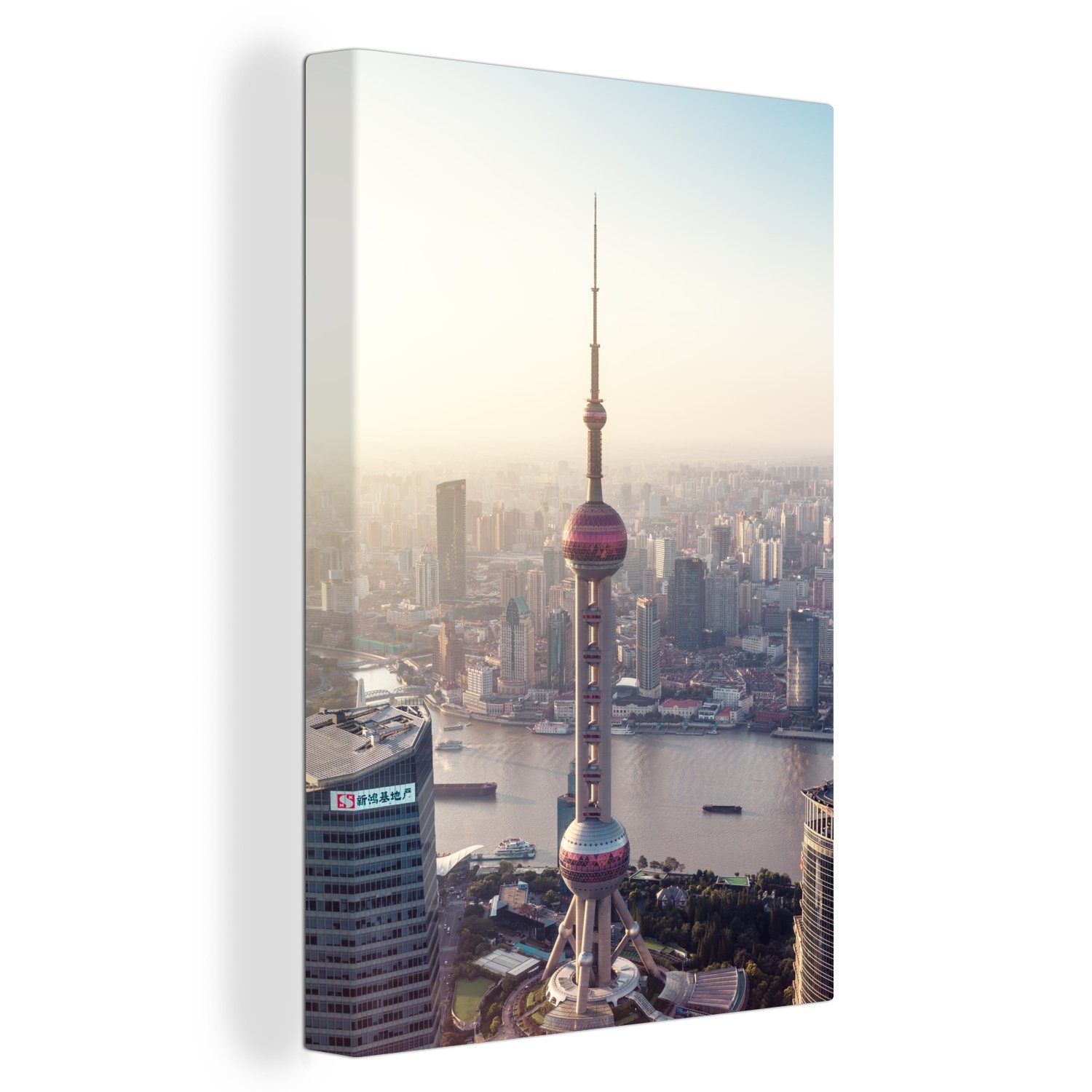 OneMillionCanvasses® Leinwandbild Luftaufnahme des Oriental Pearl Tower in Shanghai, (1 St), Leinwandbild fertig bespannt inkl. Zackenaufhänger, Gemälde, 20x30 cm