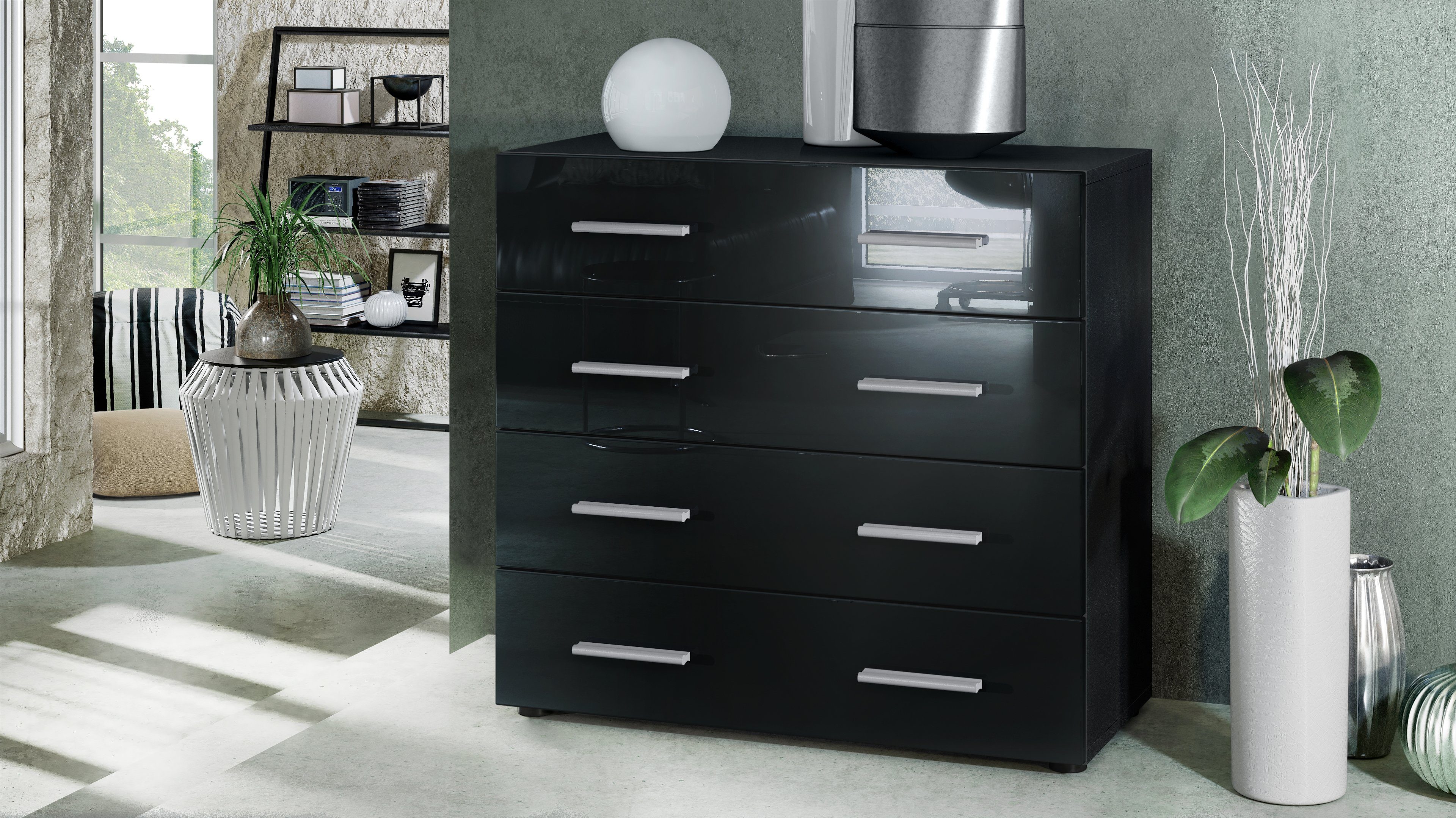 Vladon Kommode Pavos V1 (Kommode, ​mit 4 Schubladen), Schwarz matt/Schwarz Hochglanz (76 x 72 x 35 cm)