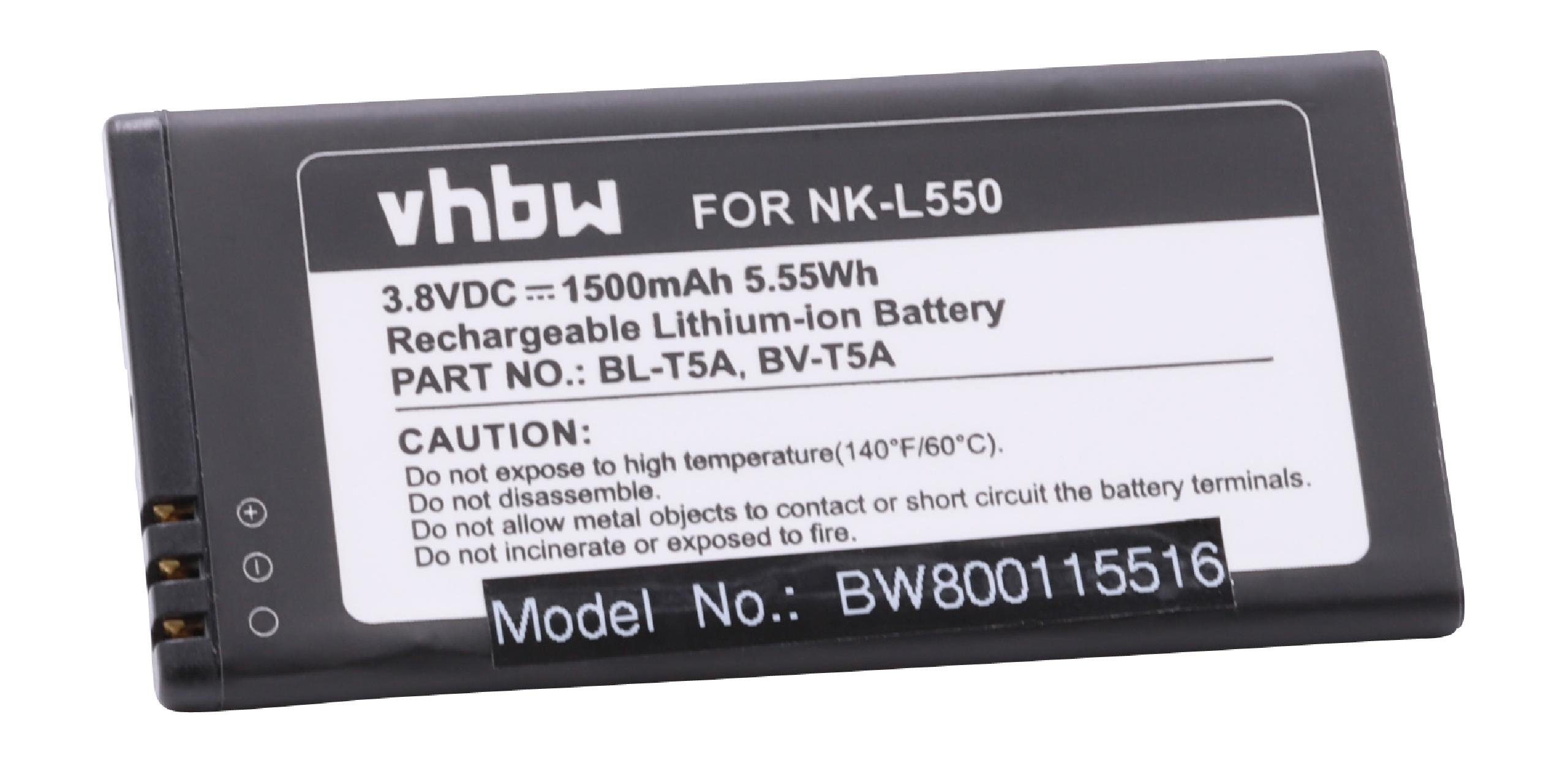 vhbw Smartphone-Akku Ersatz für Baugleiche Originalteilebezeichnung Nokia BL-T5A, BV-T5A für Mobilfunk (1500mAh, 3,8V, Li-Ion) 1500 mAh