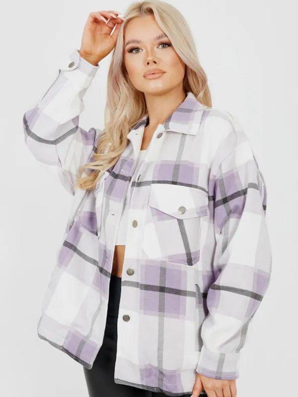 Holzfällerhemd Flanellbluse Lila Hemdjacke Worldclassca Karo Oversized Kariert Hemd Worldclassca