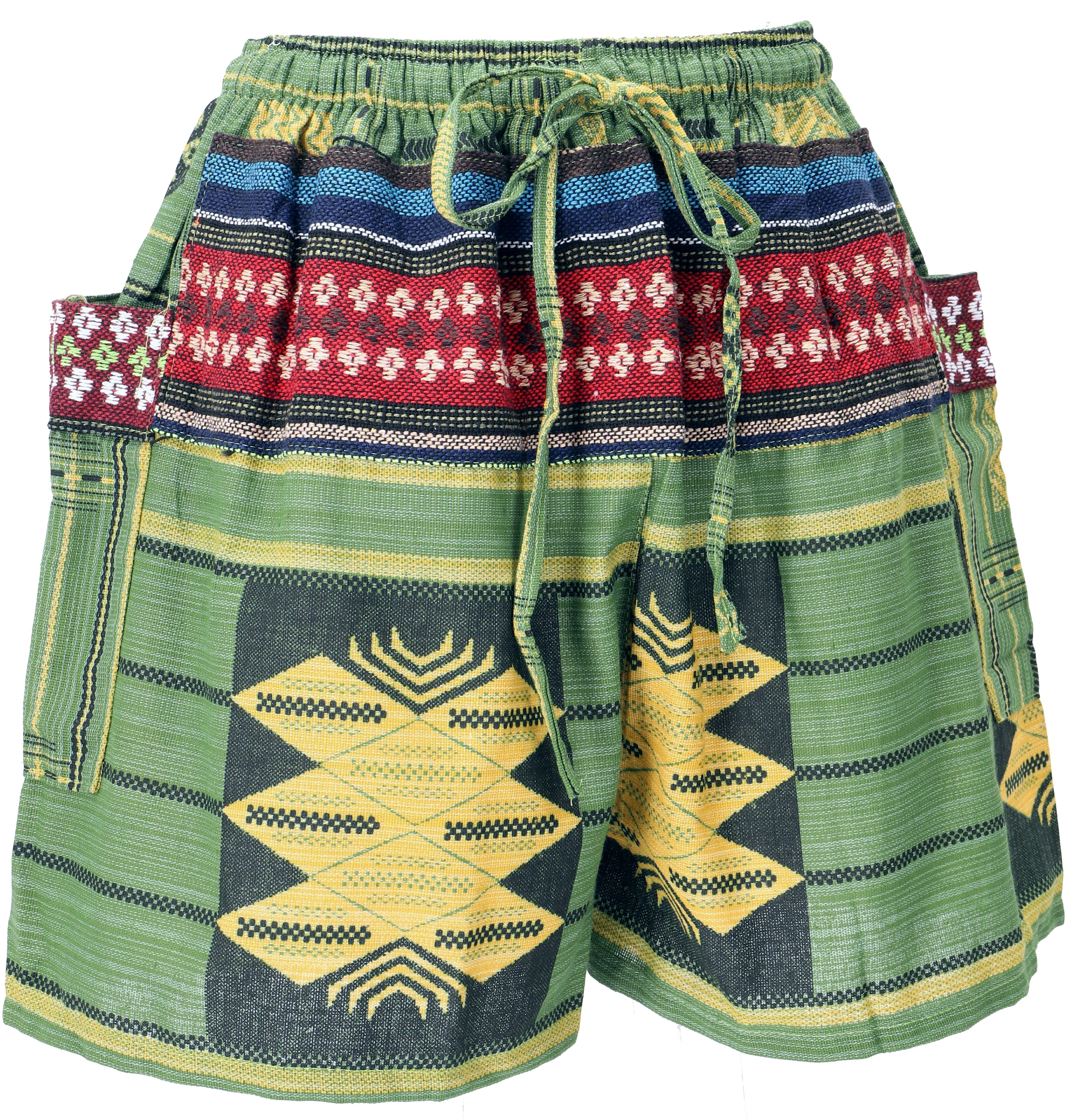 Guru-Shop Hose & Shorts Kurze Boho Hose, Ethnostyle Shorts - grün/bunt