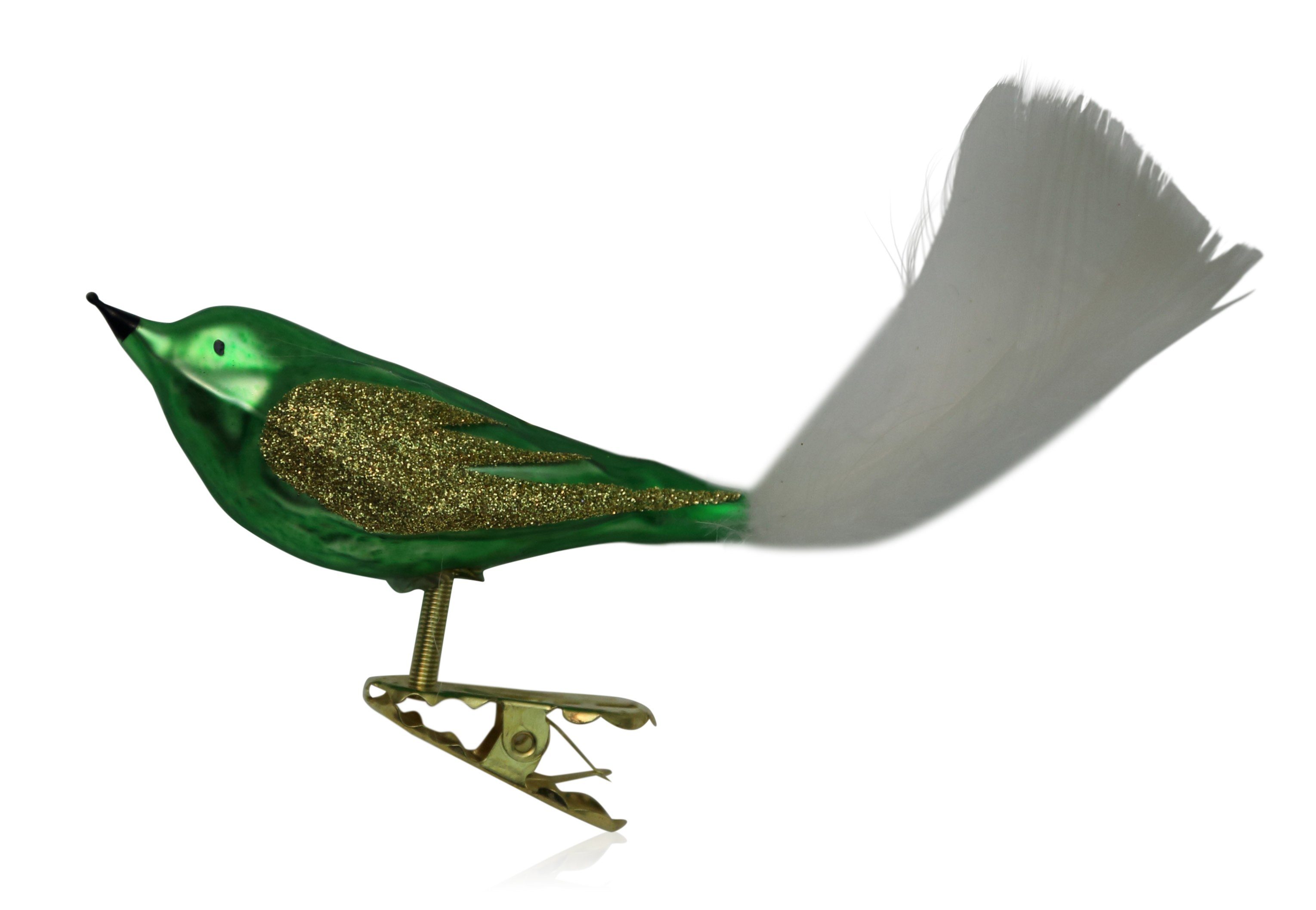 Christbaumschmuck in verschiedenen Glimmer matt Christbaumschmuckvögel Farben Lauschaer mit wiesengrün Glas