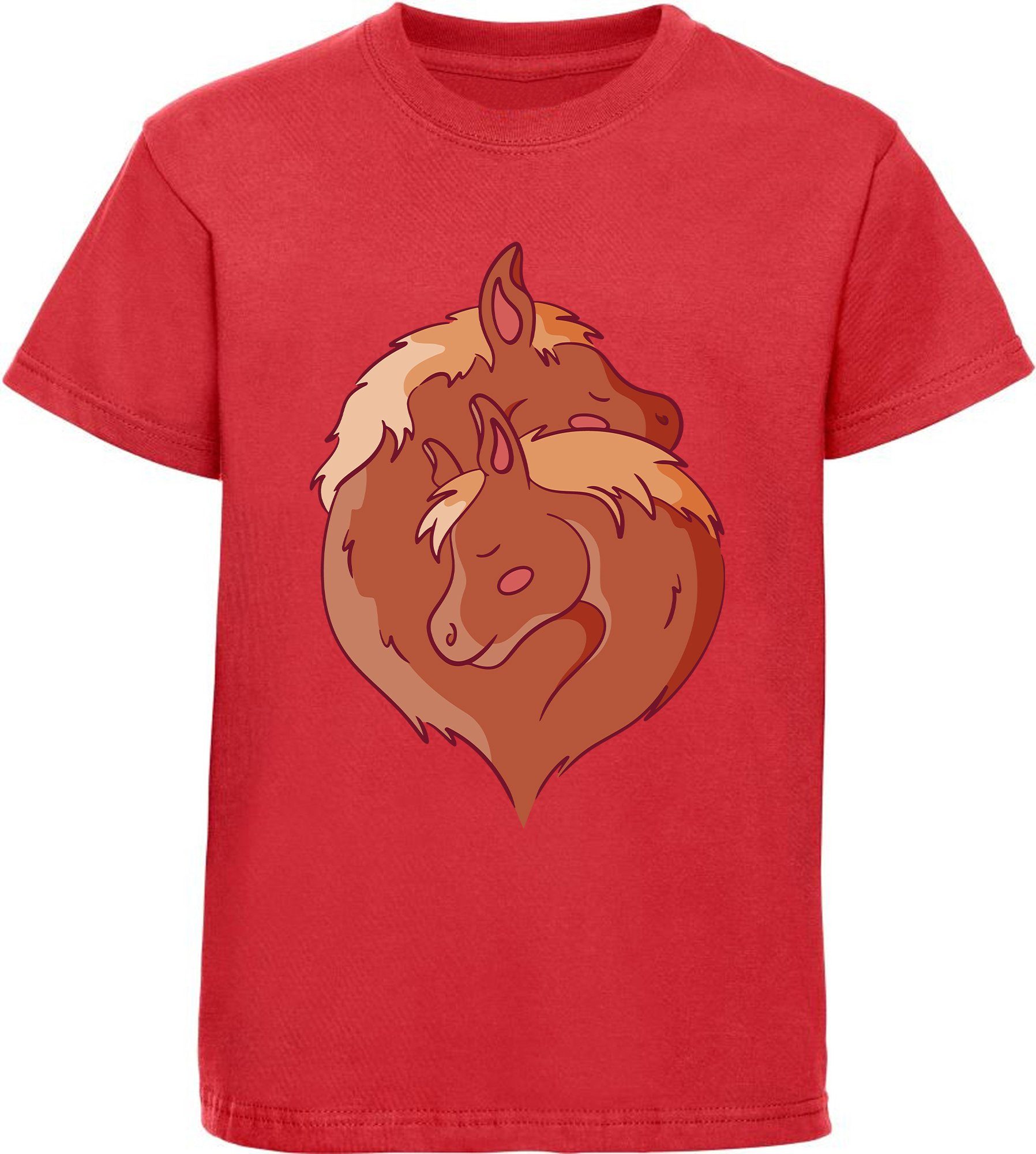 Pferde T-Shirt Mädchen kuschelnde Yang mit Baumwollshirt Yin Aufdruck, bedrucktes Stil MyDesign24 i152 zwei im Print-Shirt rot