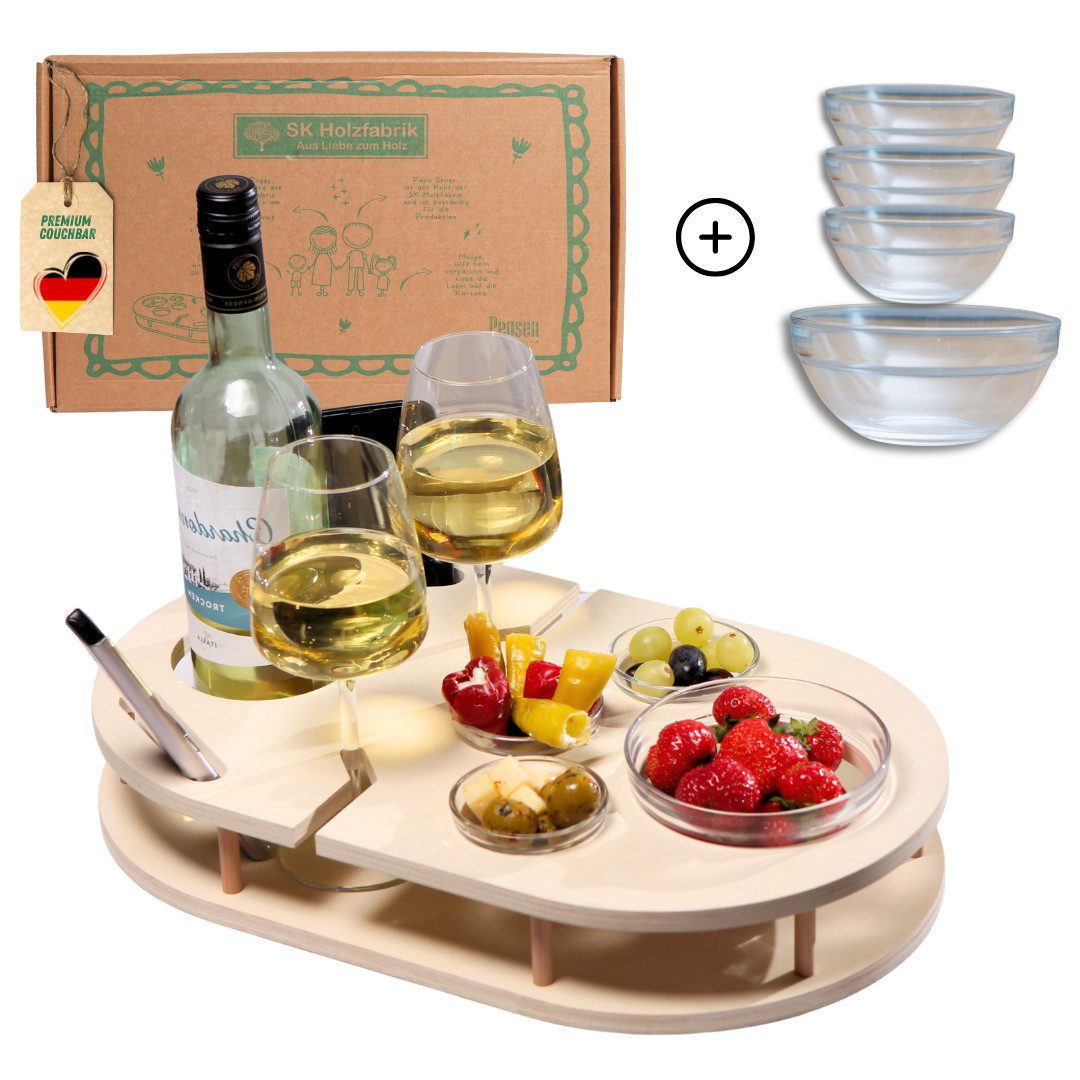 PEGSEN Servier-Set Weinbar Couchbar mit 4 Glasschalen, Birkenholz, Weingläser & Snacks stehen stabil und sicher