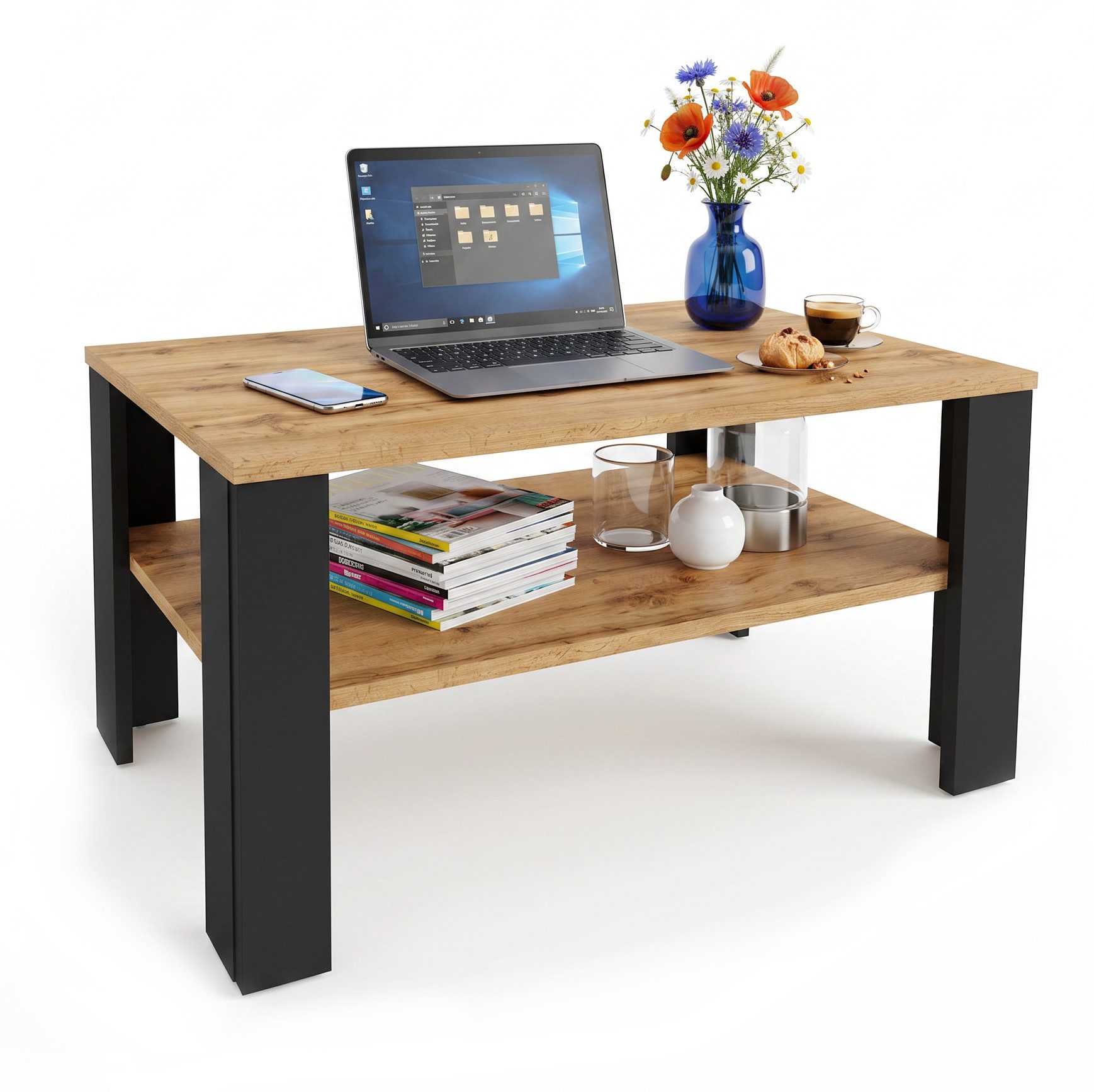 TREND WERK Couchtisch mit zusätzlicher Ablagefläche in 53×53×47 cm und 92×50×45 cm (Moderner Wohnzimmertisch im Retro Loft Design), Stabiler Beistelltisch für Wohnzimmer, Büro & Lounge