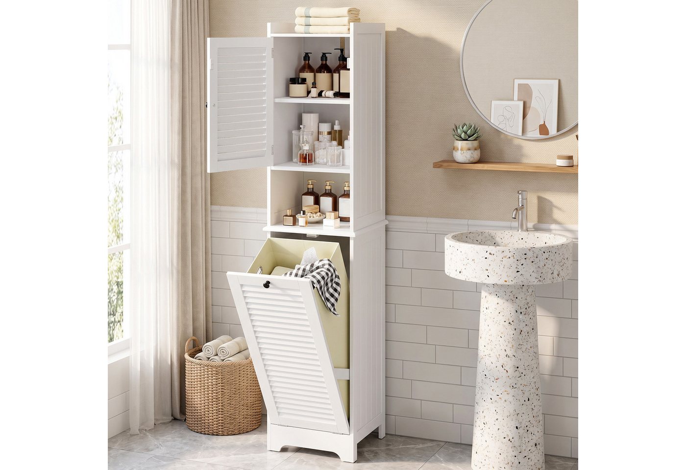 Blishom Hochschrank 2-türiger Hochschrank mit Wäschesammler und Lamellentüren Badezimmerschrank, verstellbarer Einlegeboden, Magnetverschluss