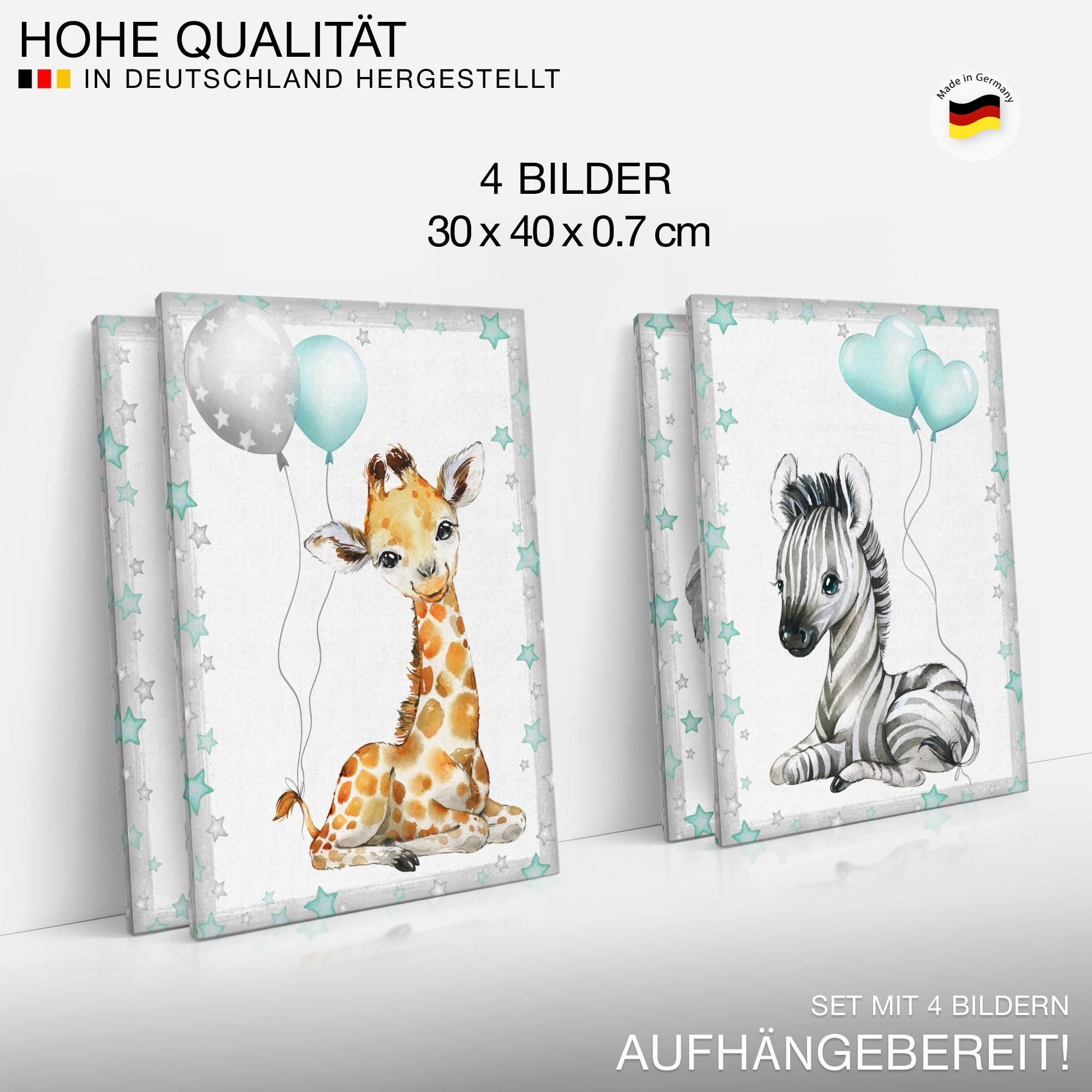 Novart Wandbild Kinderzimmer Wandbilder Set Tiere - 4 Bilder 30x40 cm Aufhängfertig, Blau