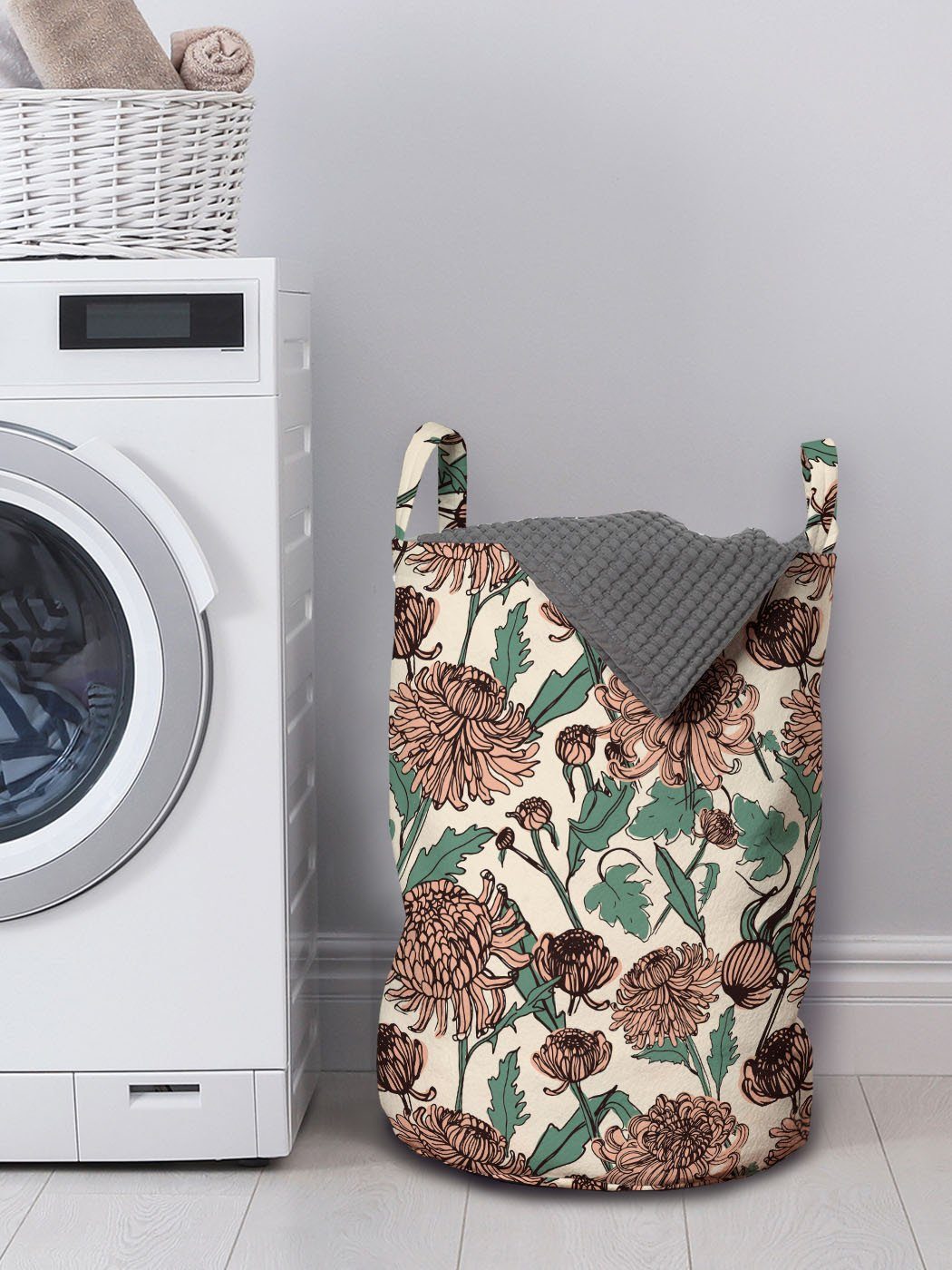 Wäschekorb für Griffen grafische Waschsalons, Blumen mit Wäschesäckchen Chrysanthemen Kordelzugverschluss Abakuhaus