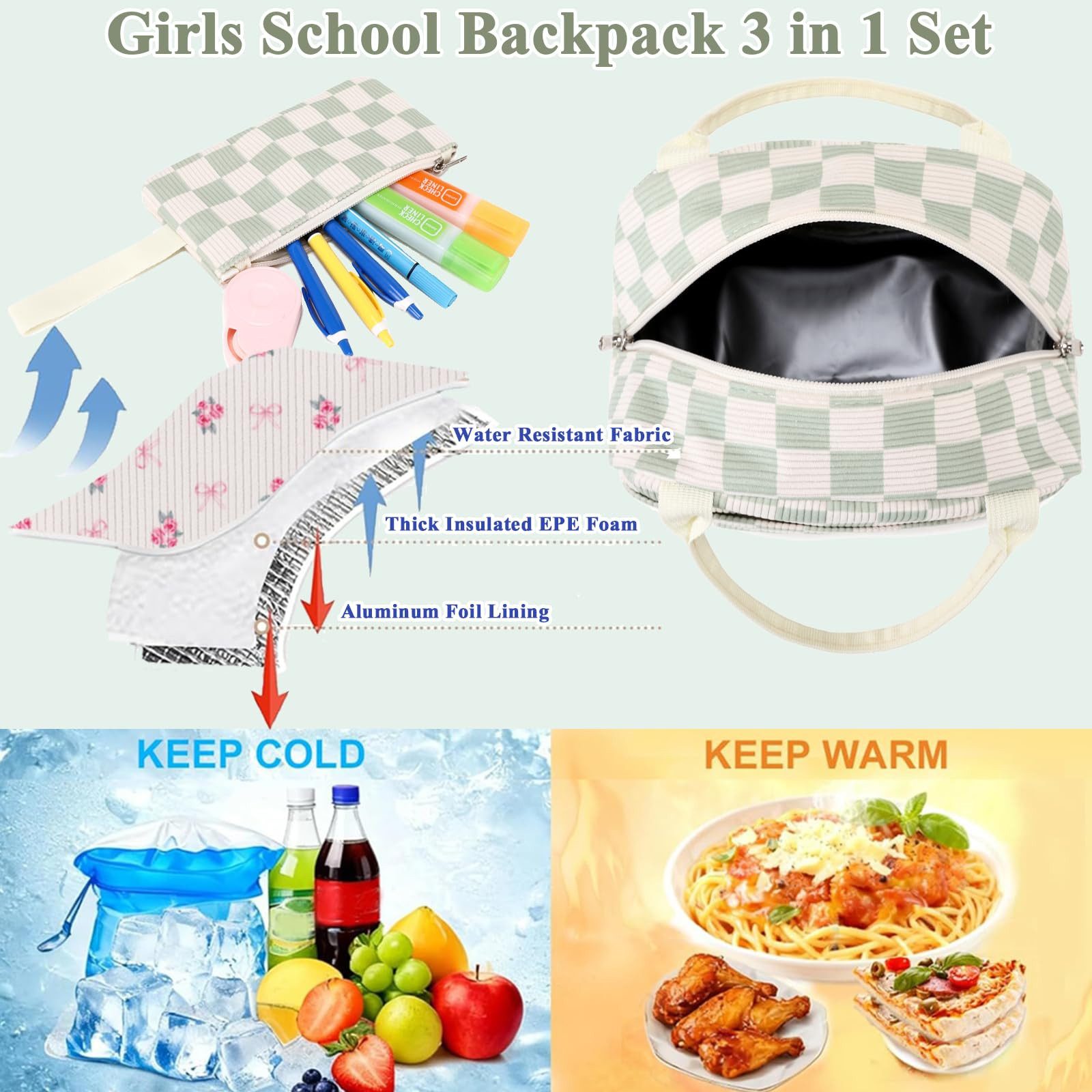 MOPUEA Schulrucksack Schulrucksack Set 3 tlg Wasserabweisend mit Lunch-Tasche &Federmappe (Rucksack Set für Schule, Schulrucksack mit Lunch Tasche und Federmäppchen), Karomuster, Laptopfach, wasserabweisend, gepolstert, leicht und robust