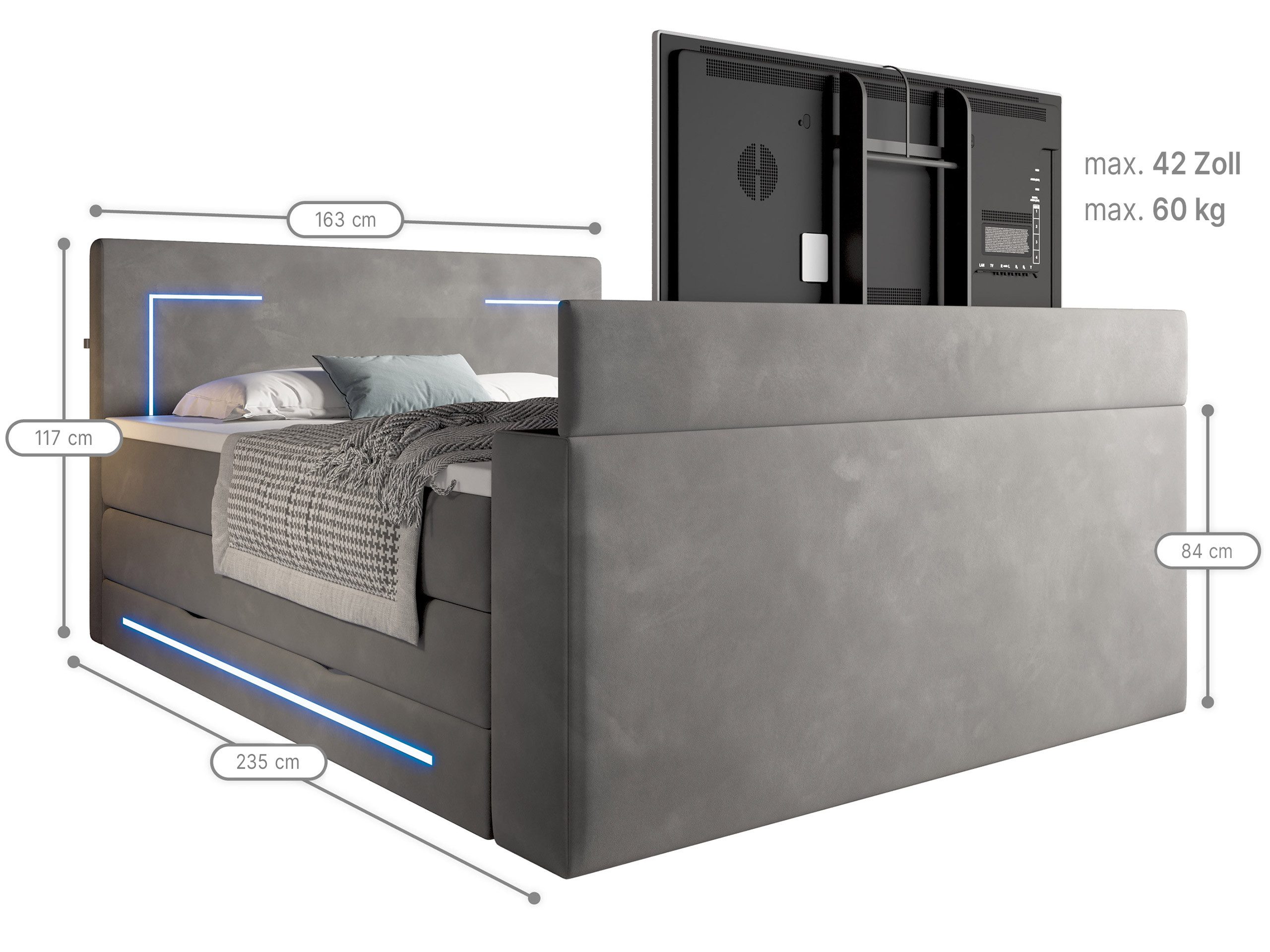 wonello Boxspringbett Monaco mit TV-Lift, mit Bettkasten, Matratzen und Topper, mit LED-Beleuchtung, Samt