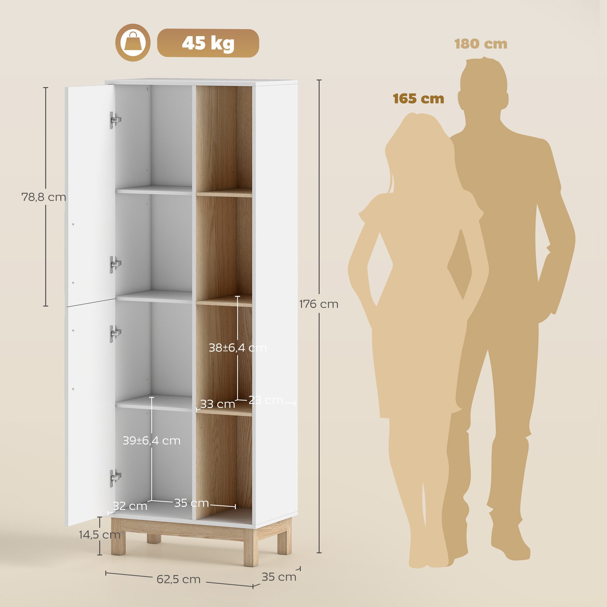 HOMCOM Badkommode Hochschrank, mit 2 Türen, verstellbaren Regalen, für Badezimmer (Badschrank, 1 St., Badezimmerschrank), für Wohnzimmer, Büro, Weiß+Naturholz
