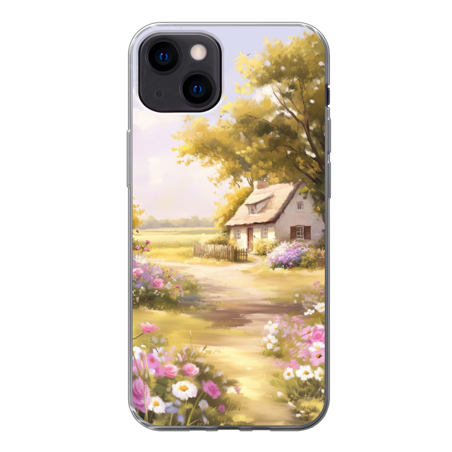 MuchoWow Handyhülle für Apple iPhone 13 Landhaus - Holz - Blumen, Smartphone-Bumper, Print, Handy Schutzhülle Dünn