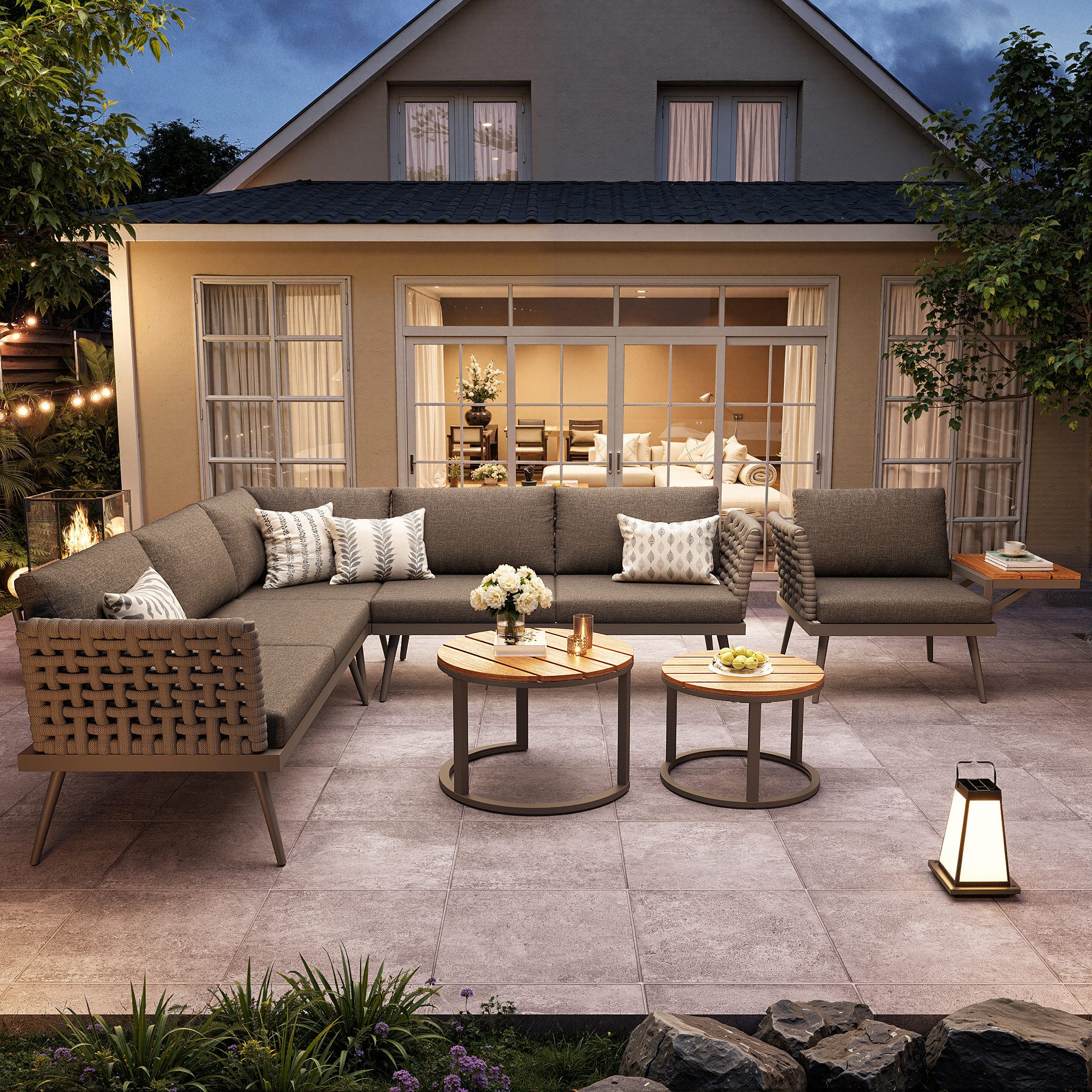 Flieks Gartenlounge-Set, 6-Sitzer L-Form Gartensofa Eckgarnitur mit 2 stapelbaren Couchtische