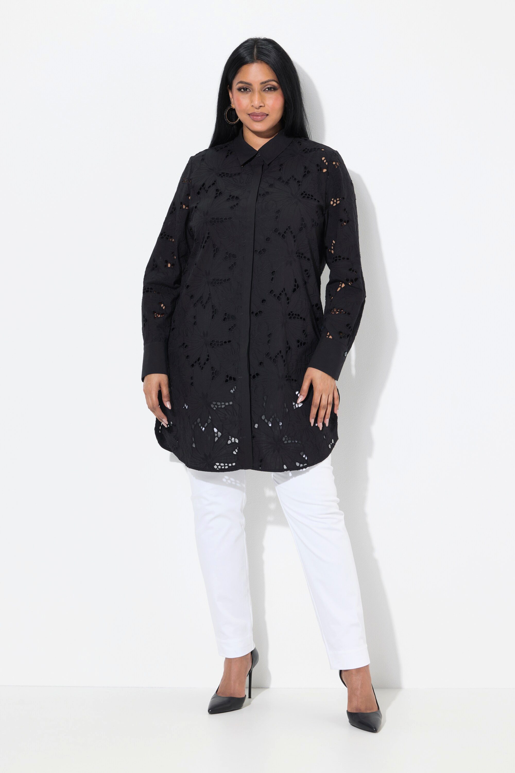 Longbluse Longbluse Lochspitze Hemdkragen Langarm