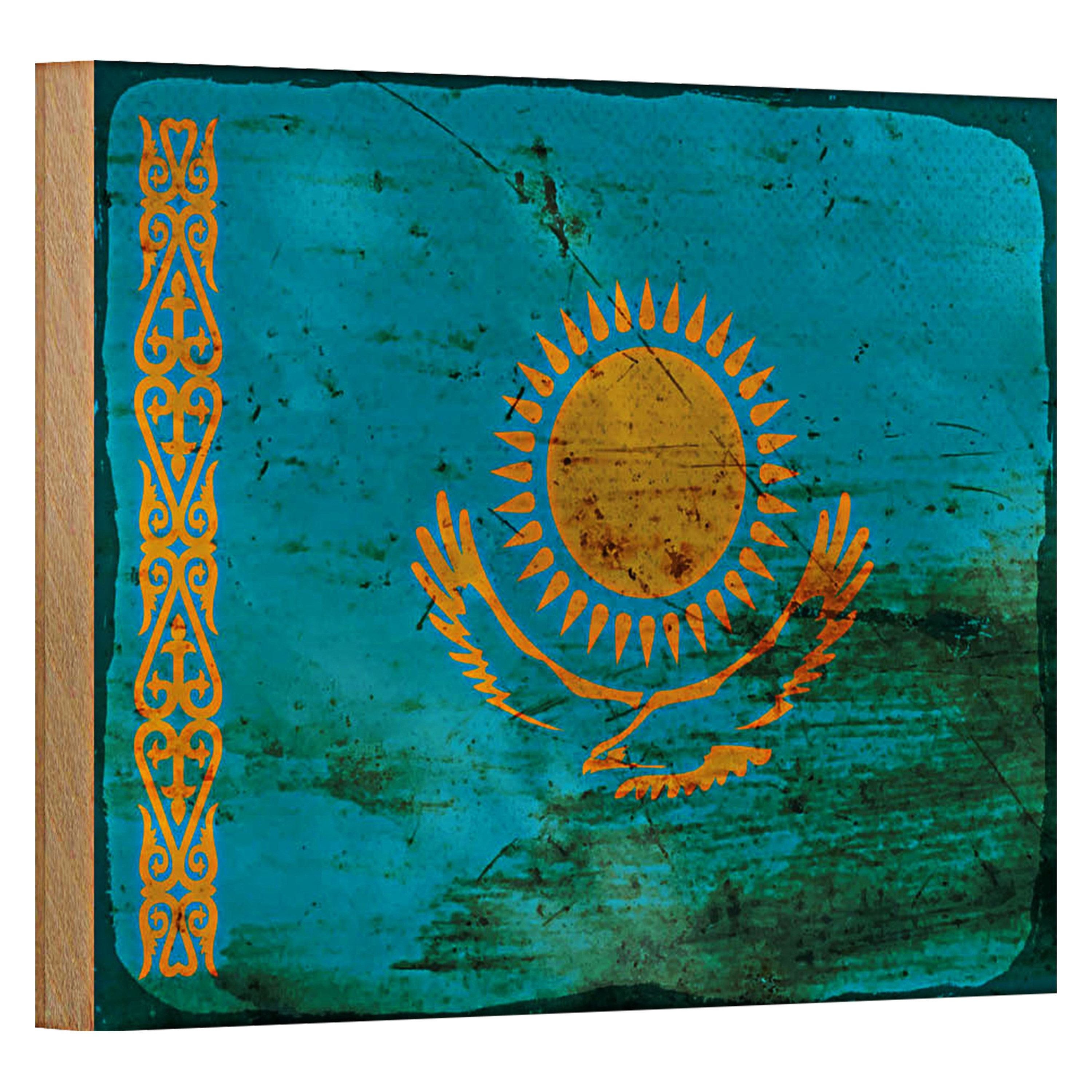 Roomando Holzbild Flagge Kasachstan 18x12cm Kazakhstan Rost