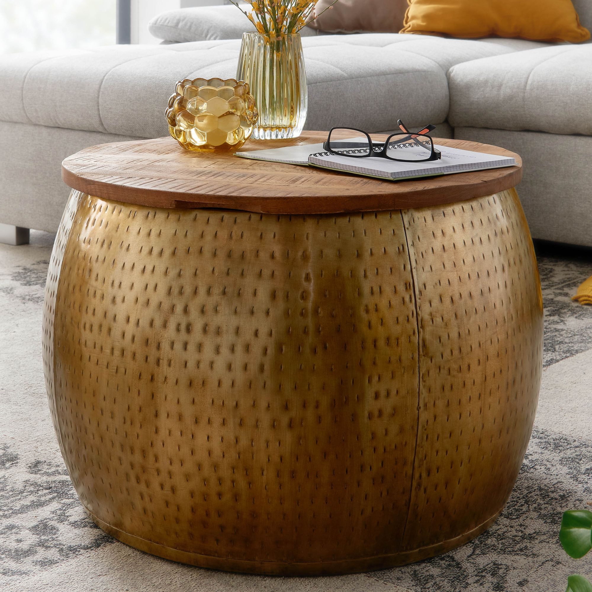 FINEBUY Couchtisch FB80735 Sofatisch Rund Metall Ø 60 cm Tisch Stauraum Wohnzimmer (Mango Massivholz Metall 60x60x40 cm Gold Modern), Beistelltisch Sofatisch Korbtisch Rund Stauraum