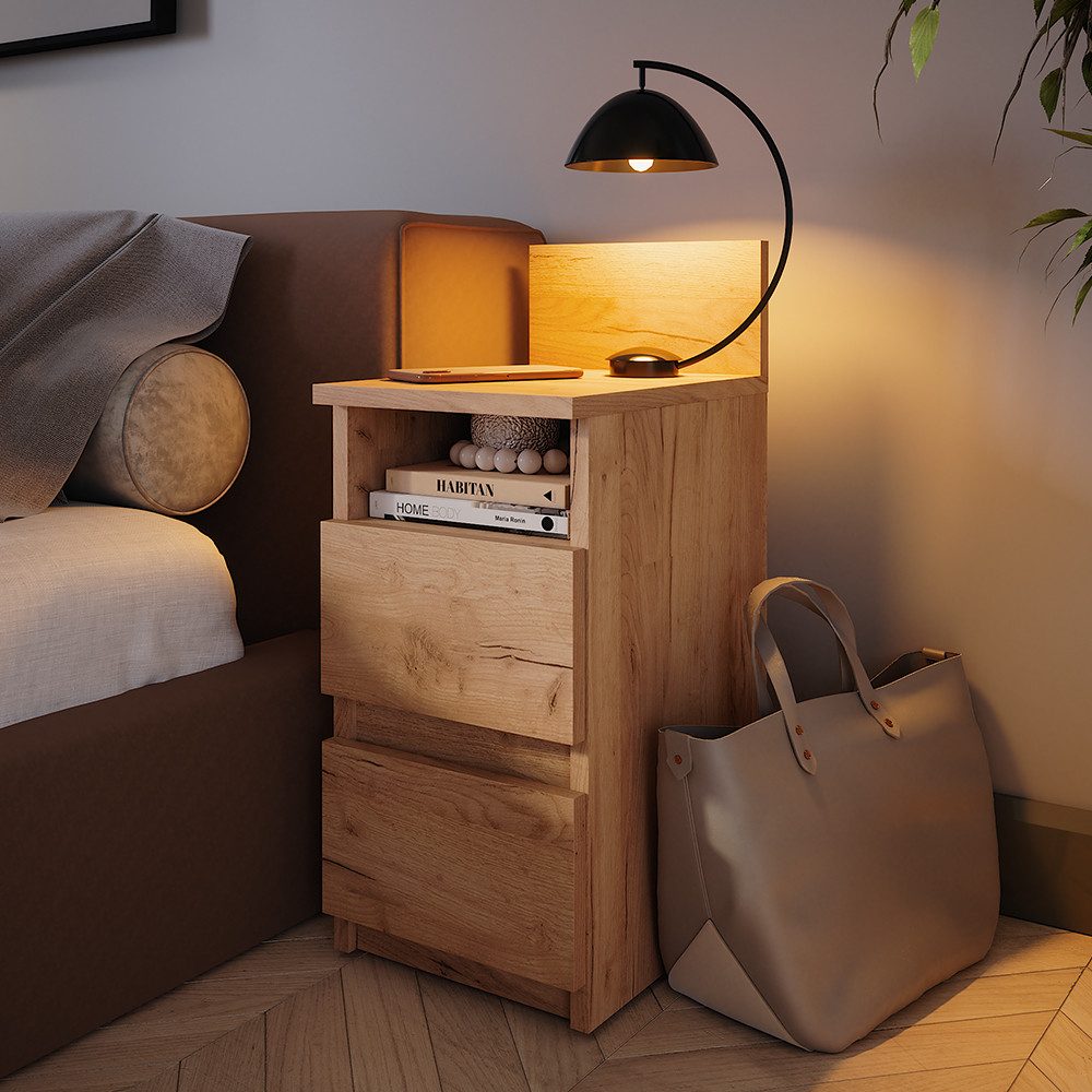 Vicco Nachtschrank Monty, Goldkraft Eiche, 25 x 59.1 cm mit 2 Schubladen günstig online kaufen