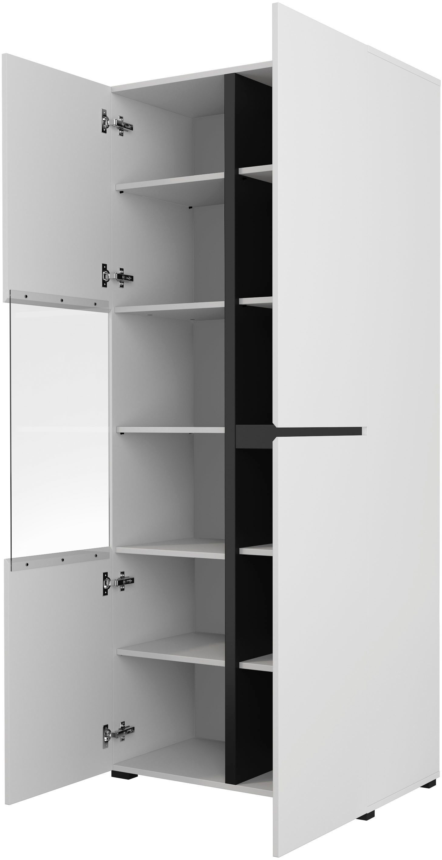 OTTO home Vitrine Cross, Höhe 183,5 cm, moderne grifflose Standvitrine mit 3 Türen Hochschrank mit viel Stauraum, Glastür und verstellbaren Einlegeböden