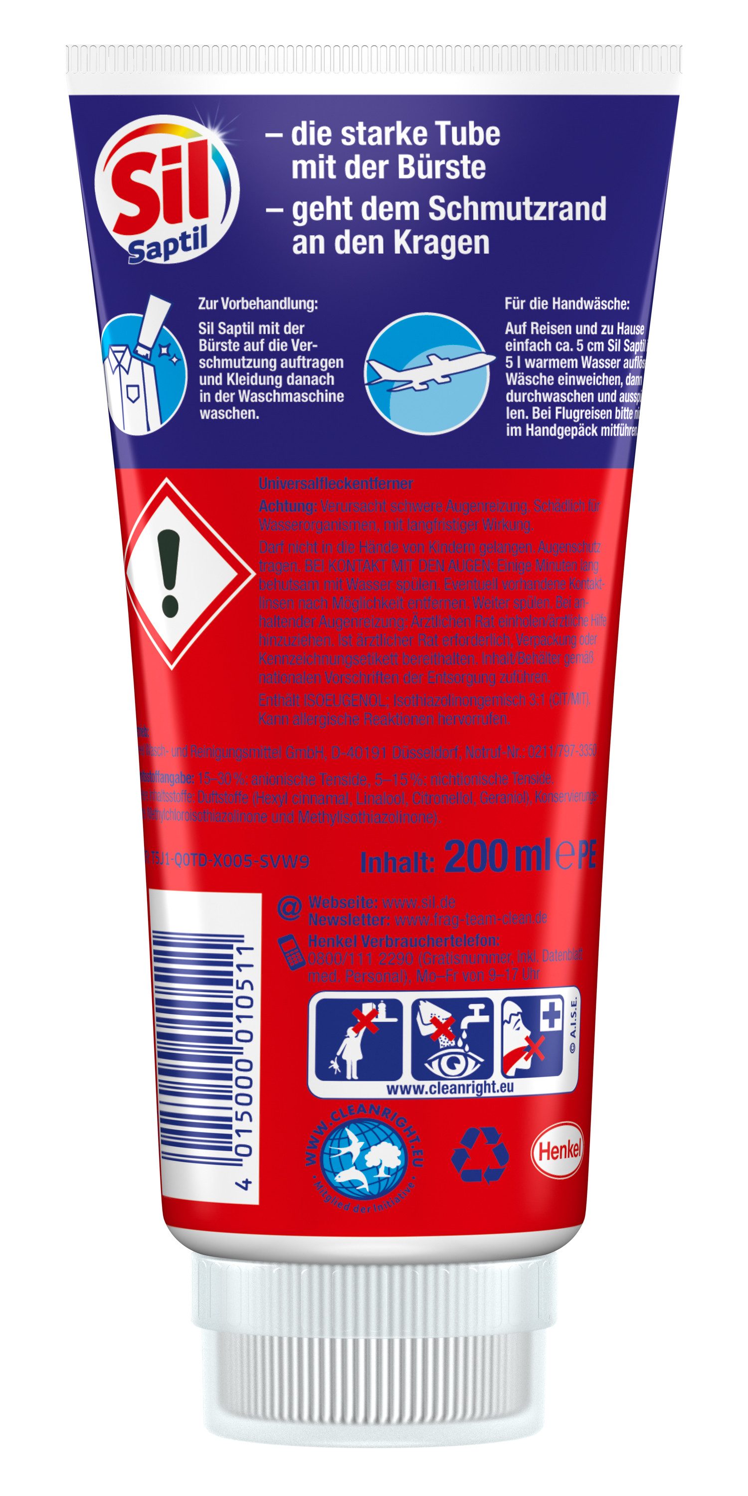 Sil Saptil für Reise & Vorbehandlung - mit Bürste - 200 ml Universal Fleckentferner (1-St. mit Turbowirkung bei hartnäckigen Verschmutzungen - geeignet für alle Textilarten)