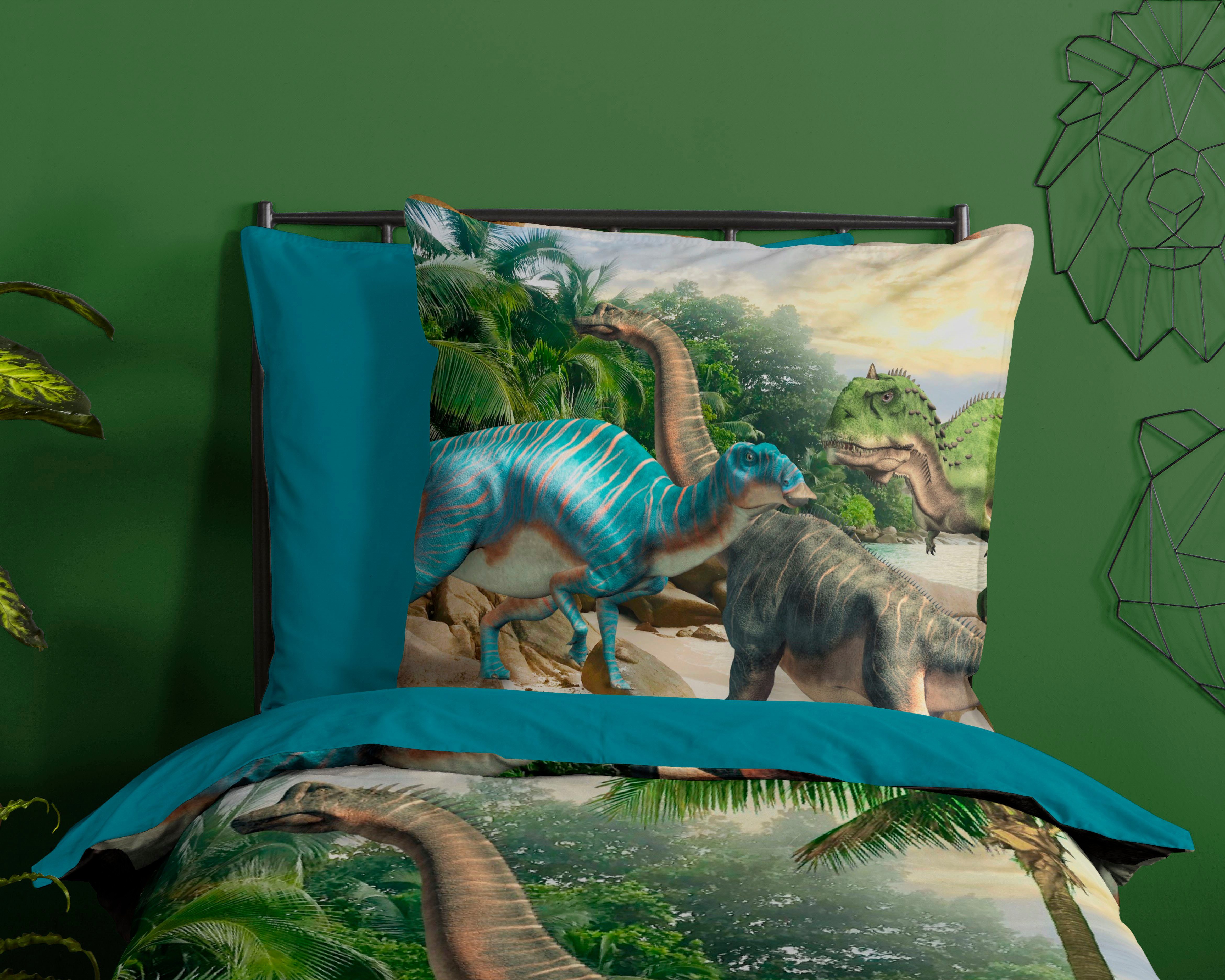 PURE luxury collection Kinderbettwäsche Neneh, Microfaser, 2 teilig, 135x200, Pflegeleicht, Reißverschluss, Wendeoptik, Kind, Junge, Dino