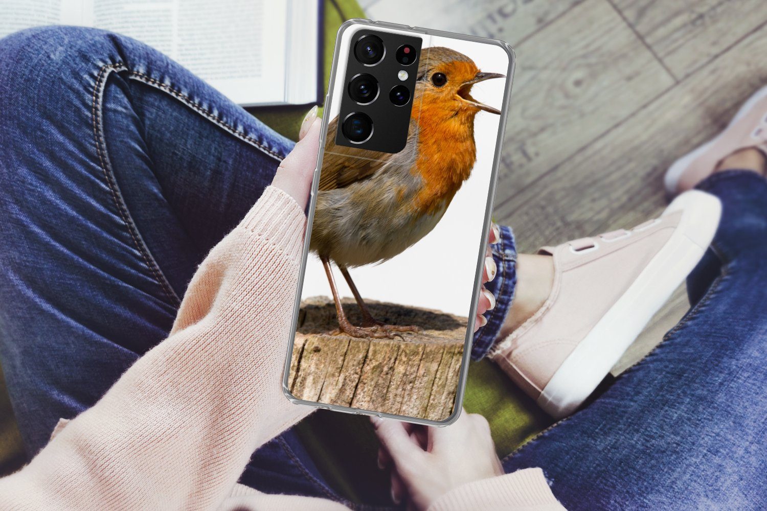 MuchoWow Handyhülle für Samsung Galaxy S21 Ultra Rotkehlchen - Vogel - Holz, Phone Case, Silikon, Schutzhülle Dünn