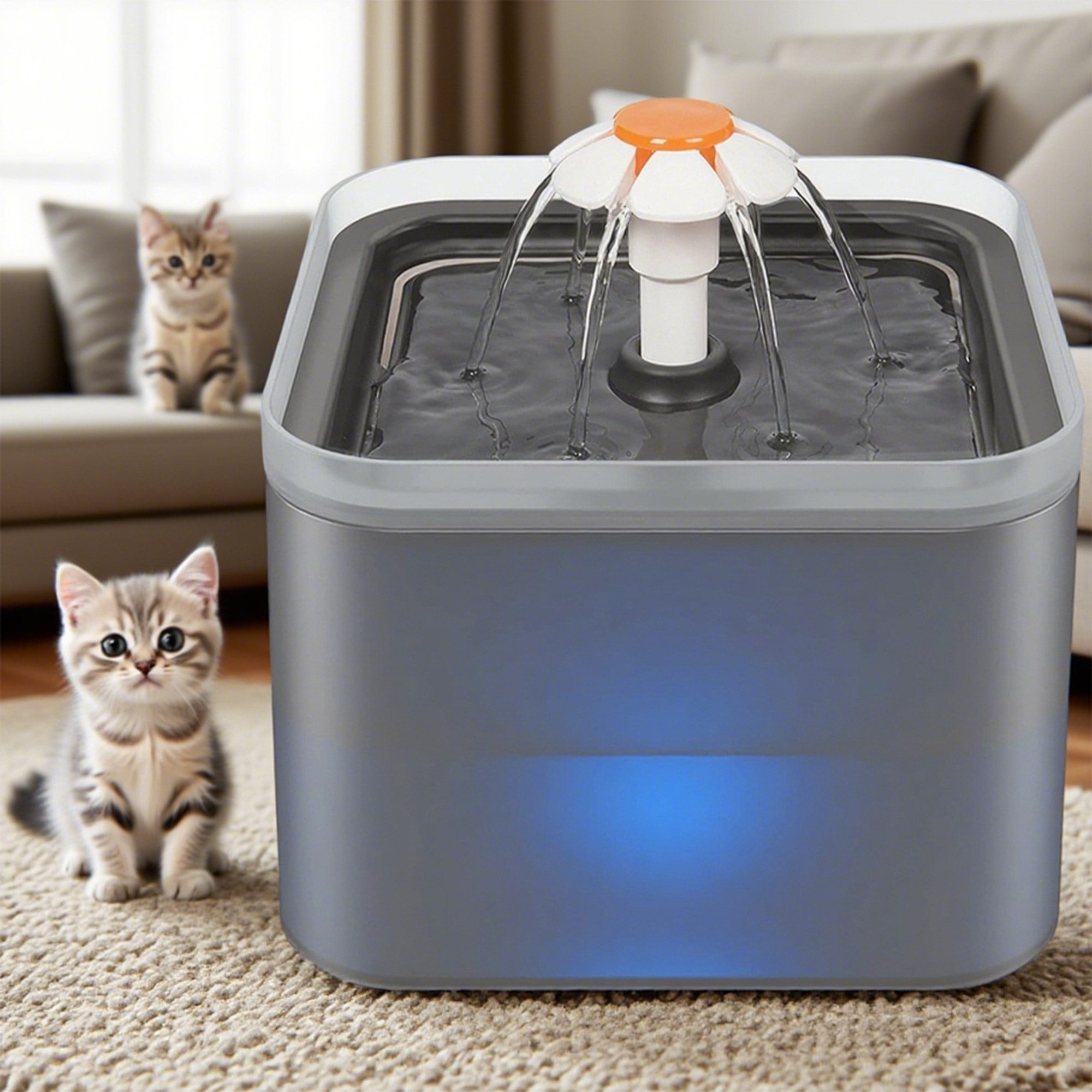 Trinkbrunnen 2L Haustier Wasserspender, Katzenbrunnen mit LED Licht, Hunde