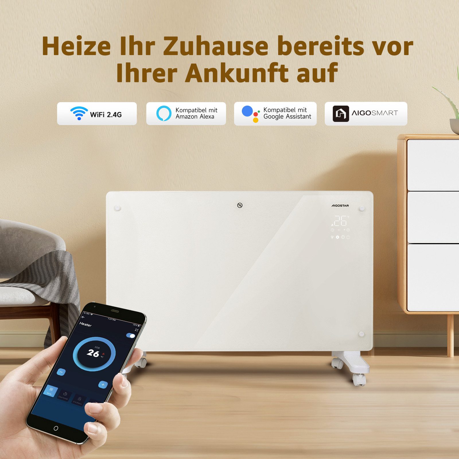 Aigostar Heizlüfter 2000W Elektroheizung, Glas/Konvektor, Touchscreen, günstig online kaufen