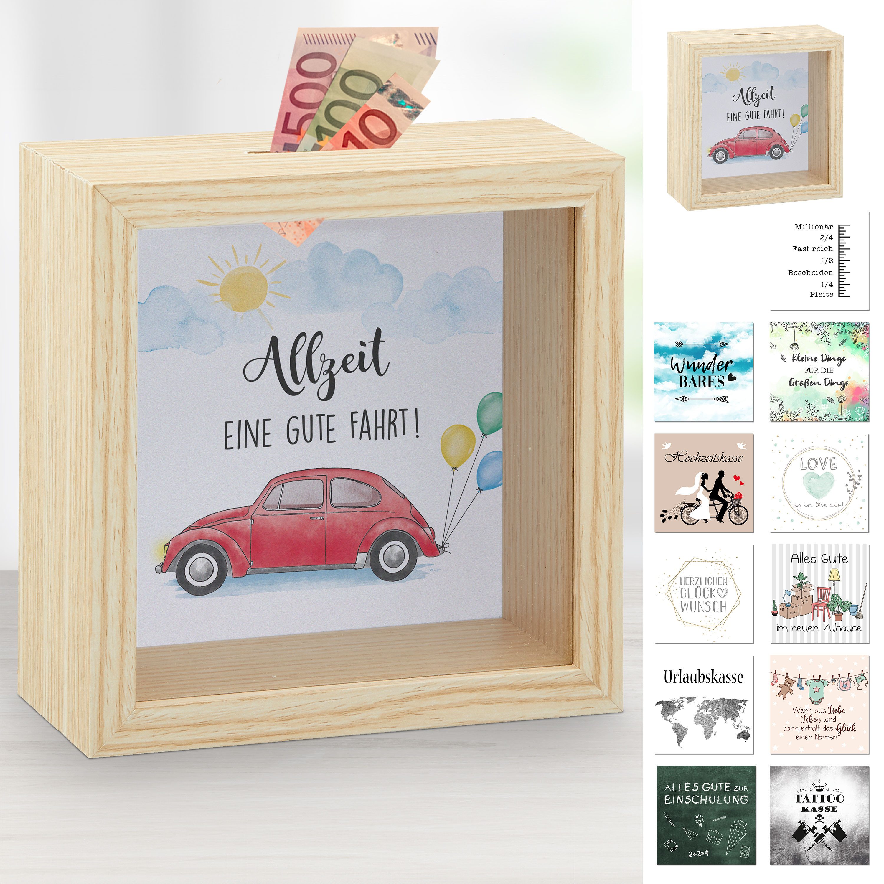 CEPEWA Spardose Spardose 12 Einleger-Motive 14,5x14,5x6,5cm MDF Glas naturf günstig online kaufen