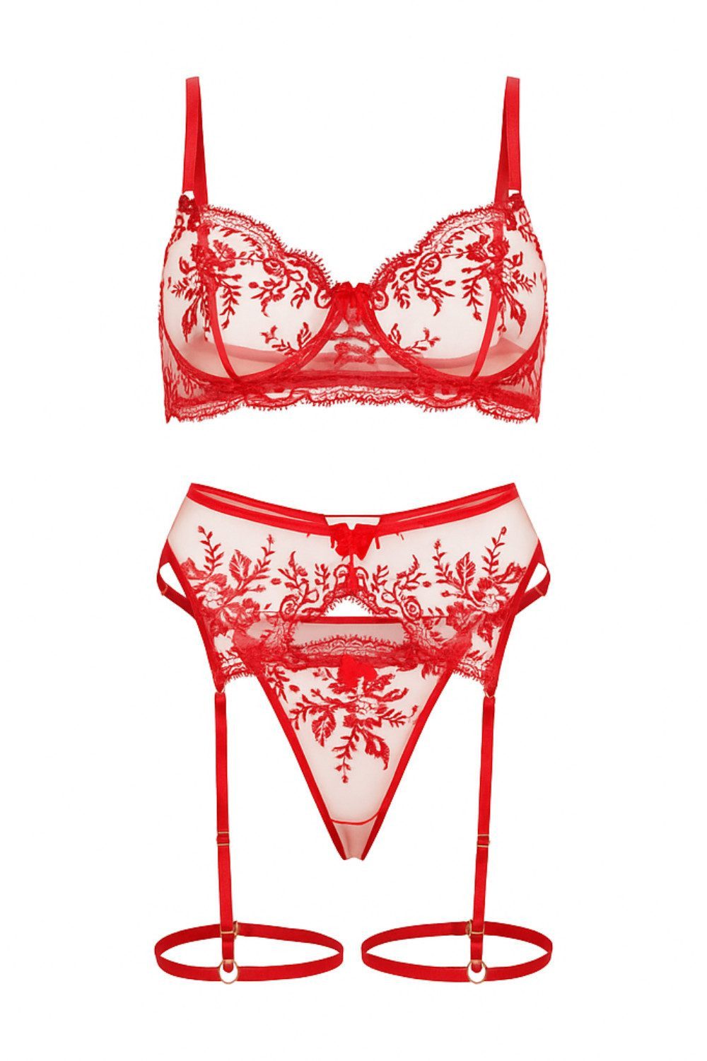 Elegant Love Set: Bügel-BH Sexy Dessous Set mit Strumpfhalter, bestickter BH-Set, Lingerie-Set (Set, 3-tlg., Spitze Bralette BH + G-String Tanga + Strumpfgürtel) Elegante Reizwäsche, Damenunterwäsche aus Mesh