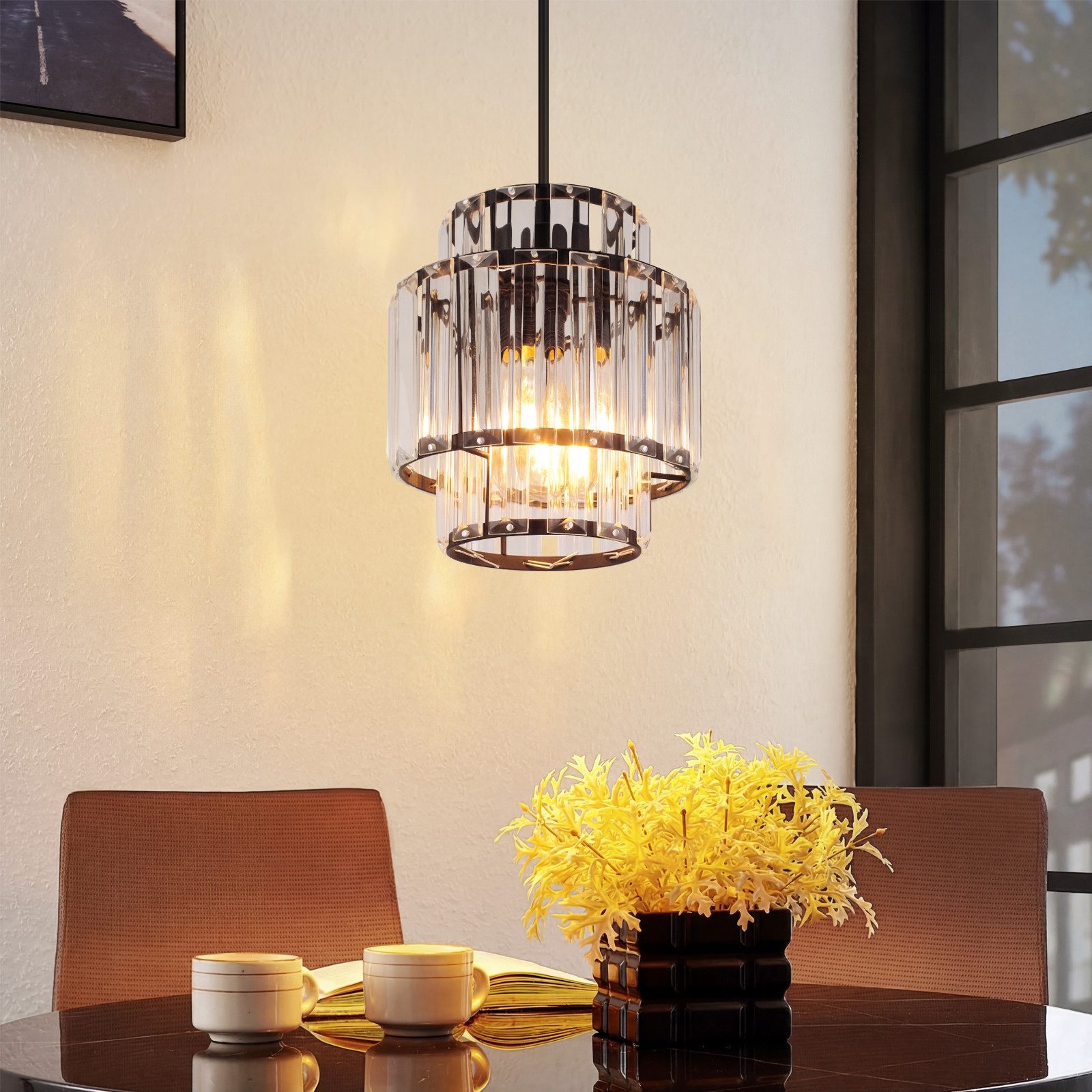 ZMH Pendelleuchte 1 Flammig E27 Hängelampe Esstisch Kristall Schwarz Pendellampe, ohne Leuchtmittel, Modern Pendellampe Höhenverstellbar H 143cm für Küche & Esszimmer