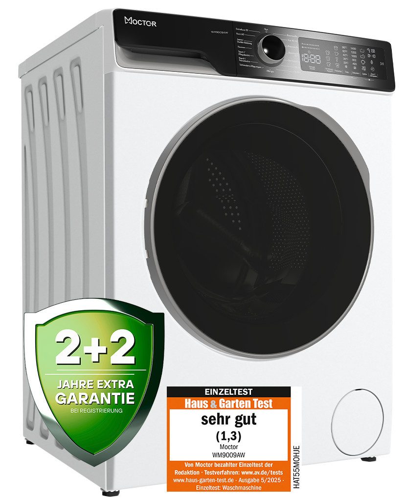 MOCTOR Waschmaschine Serie 9 WM9009AW, 9 kg, 1400 U/min, Wi-Fi, Dampffunktion, Mikrofaserfilter, Aquastop