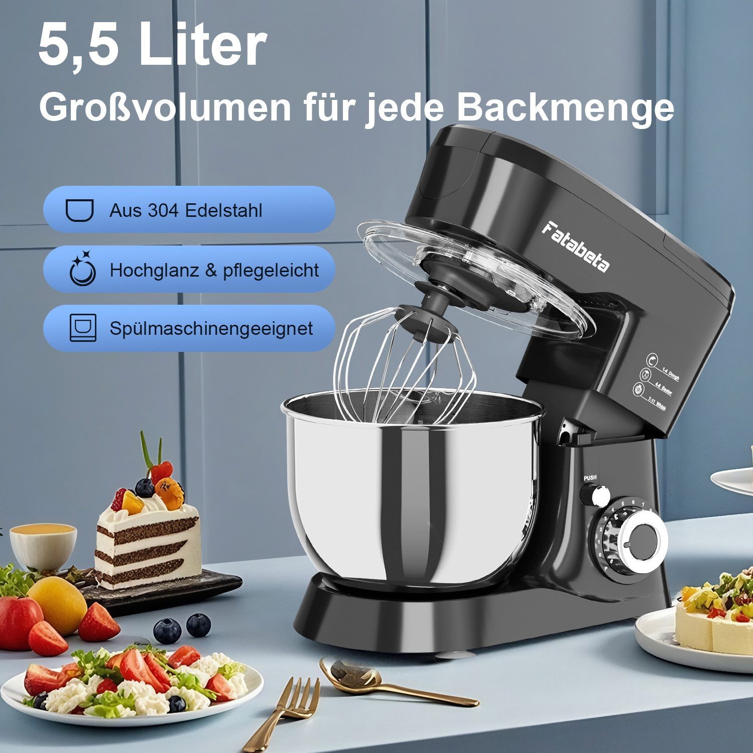 7MAGIC Küchenmaschine 1000W Leistungsstarke Knetmaschine, P+11 Geschwindigkeiten, 1000 W, 5,5 l Schüssel, Teigmaschine mit Rührhaken, Knethaken, Schlagbesen und Spritzschutz