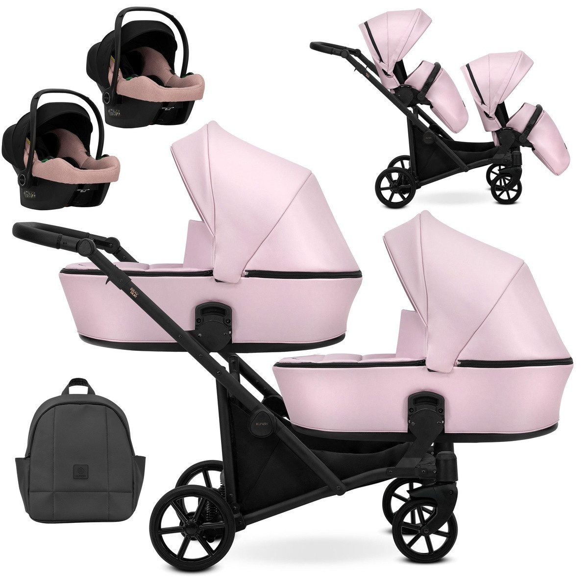 KUNERT Zwillings-Kombikinderwagen BRAV DUO 3in1 Öko-Leder Doppelkinderwagen mit Gelrädern, 12 Konfigurationen, leichtes Aluminiumgestell, großer Einkaufskorb