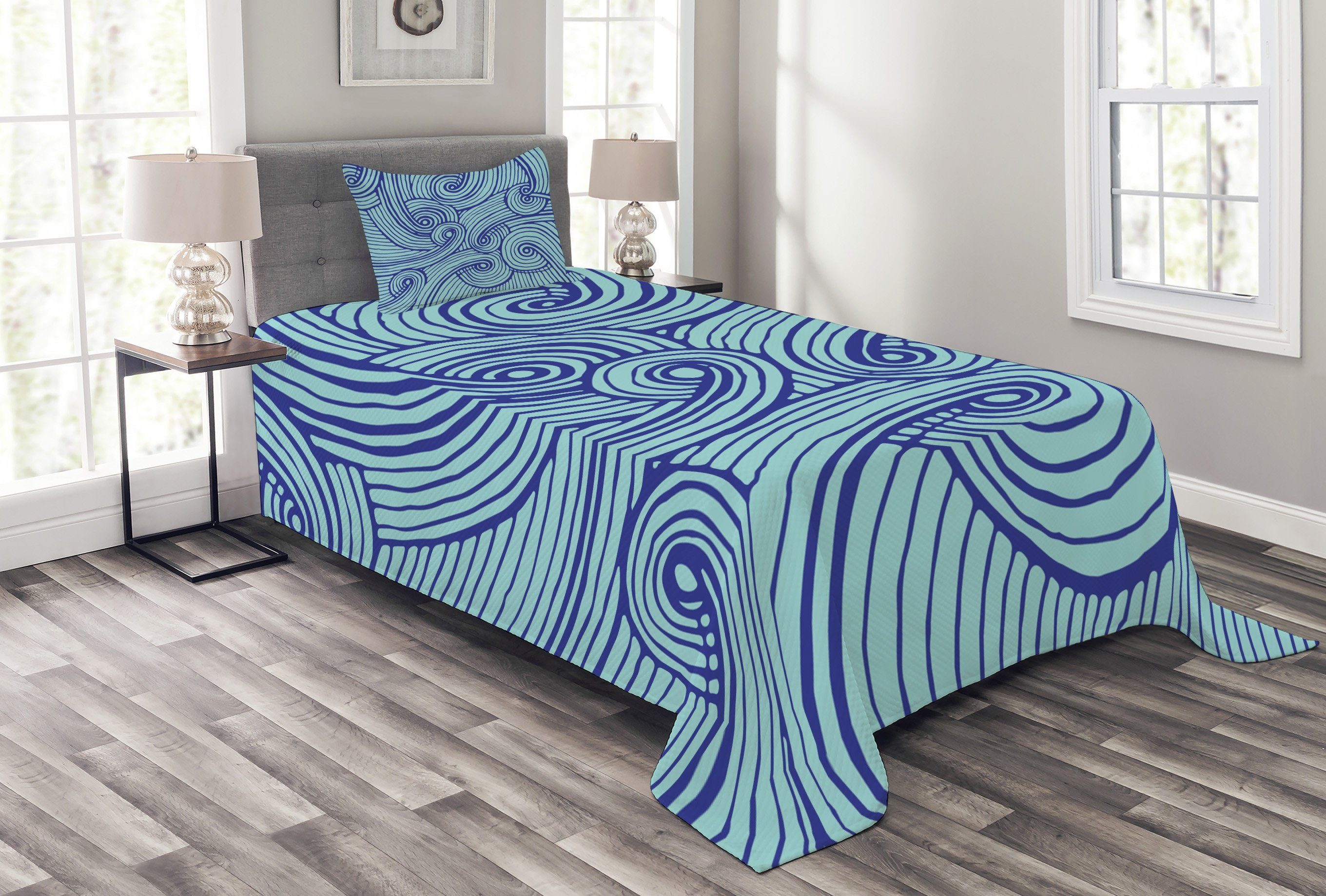 Tagesdecke Set mit Kissenbezügen Waschbar, Abakuhaus, Blau Abstrakte Spiralen Wellenförmige Ozean