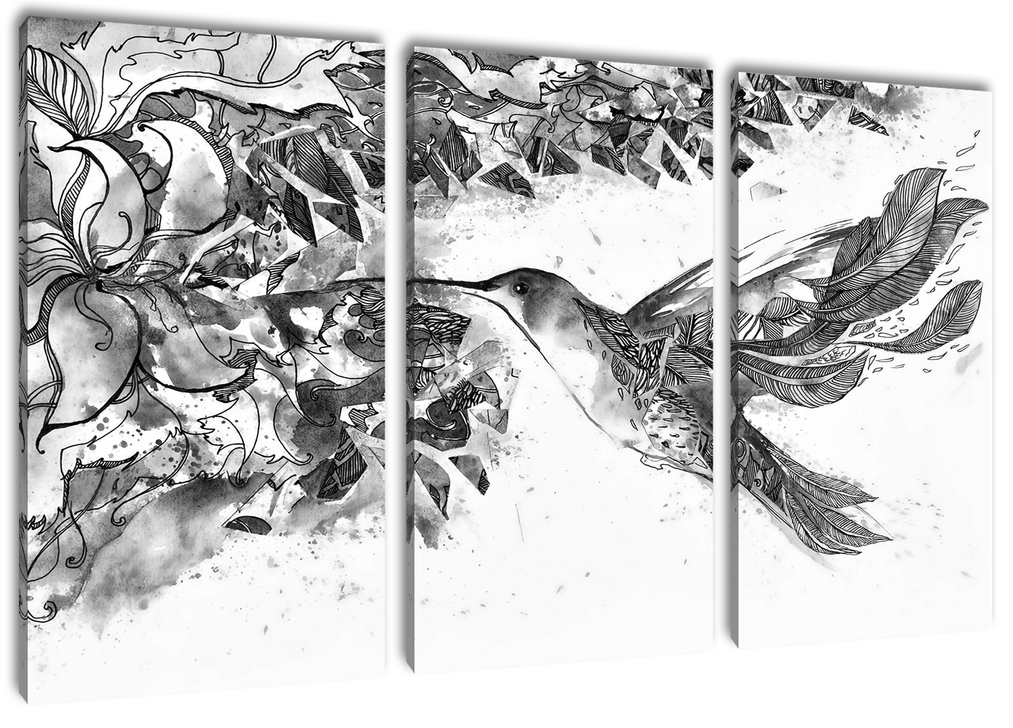Pixxprint Leinwandbild Kunst inkl. St), Kunst, Leinwandbild bespannt, Kolibri Zackenaufhänger (120x80cm) fertig (1 3Teiler Kolibri