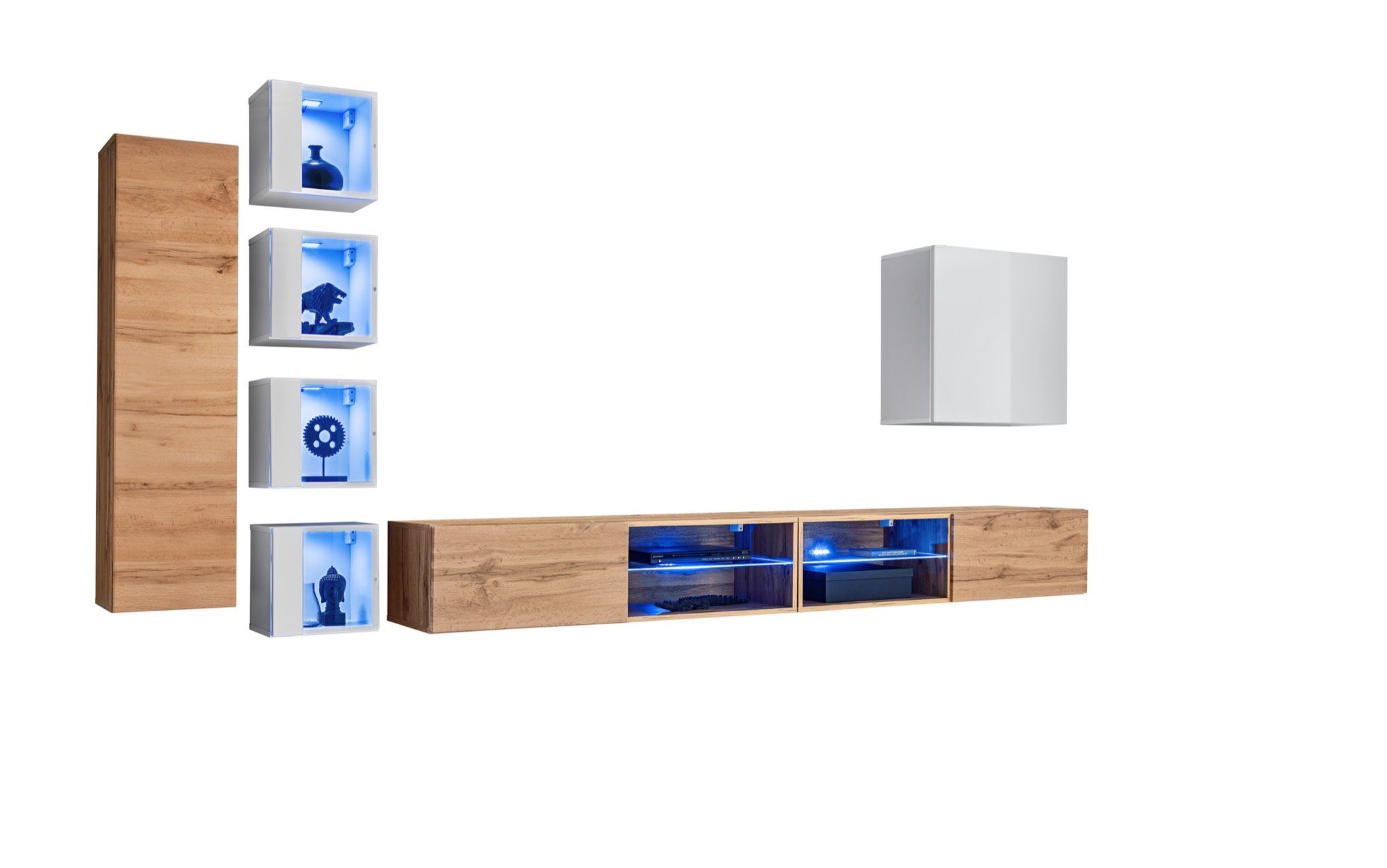 2x beleuchtet Hänge TV Wandschrank), 6x Wohnwand LED Ständer + JVmoebel Holzmöbel, (8-St., Wohnwand Designer Modern Wandschrank TV-Ständer