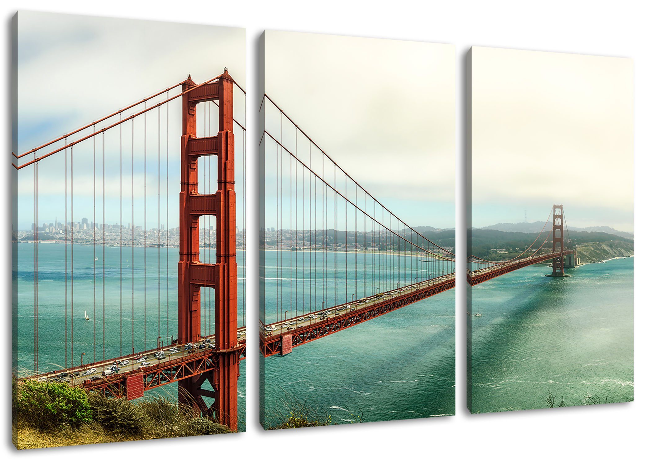 Pixxprint Leinwandbild Golden Gate Bridge, Golden Gate Bridge 3Teiler (120x80cm) (1 St), Leinwandbild fertig bespannt, inkl. Zackenaufhänger