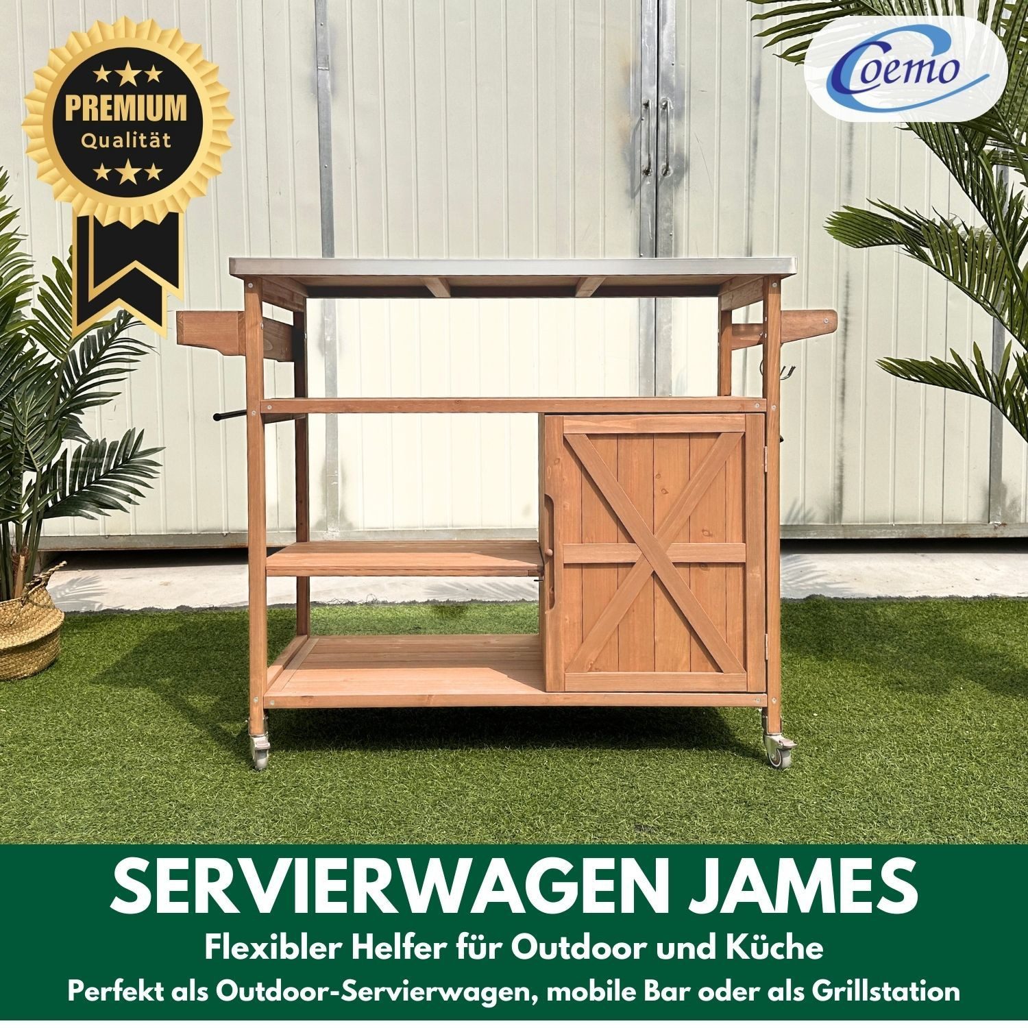 Coemo Gartentisch JAMES, großer Servierwagen mit Rollen, Holz Küchenwagen O günstig online kaufen