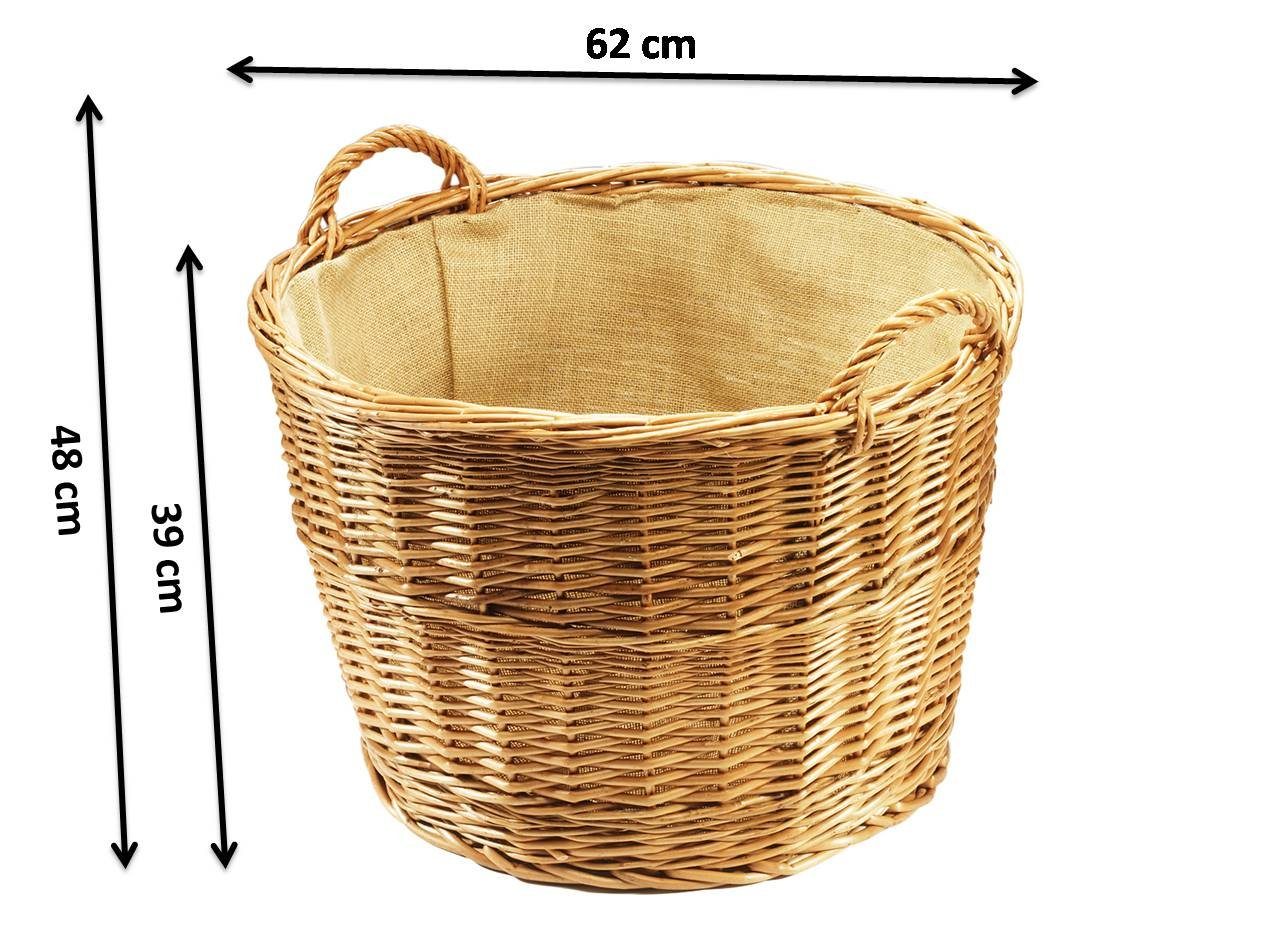 Kaminholzkorb Holztrage rund gekochte Weide Leinen D 62 cm