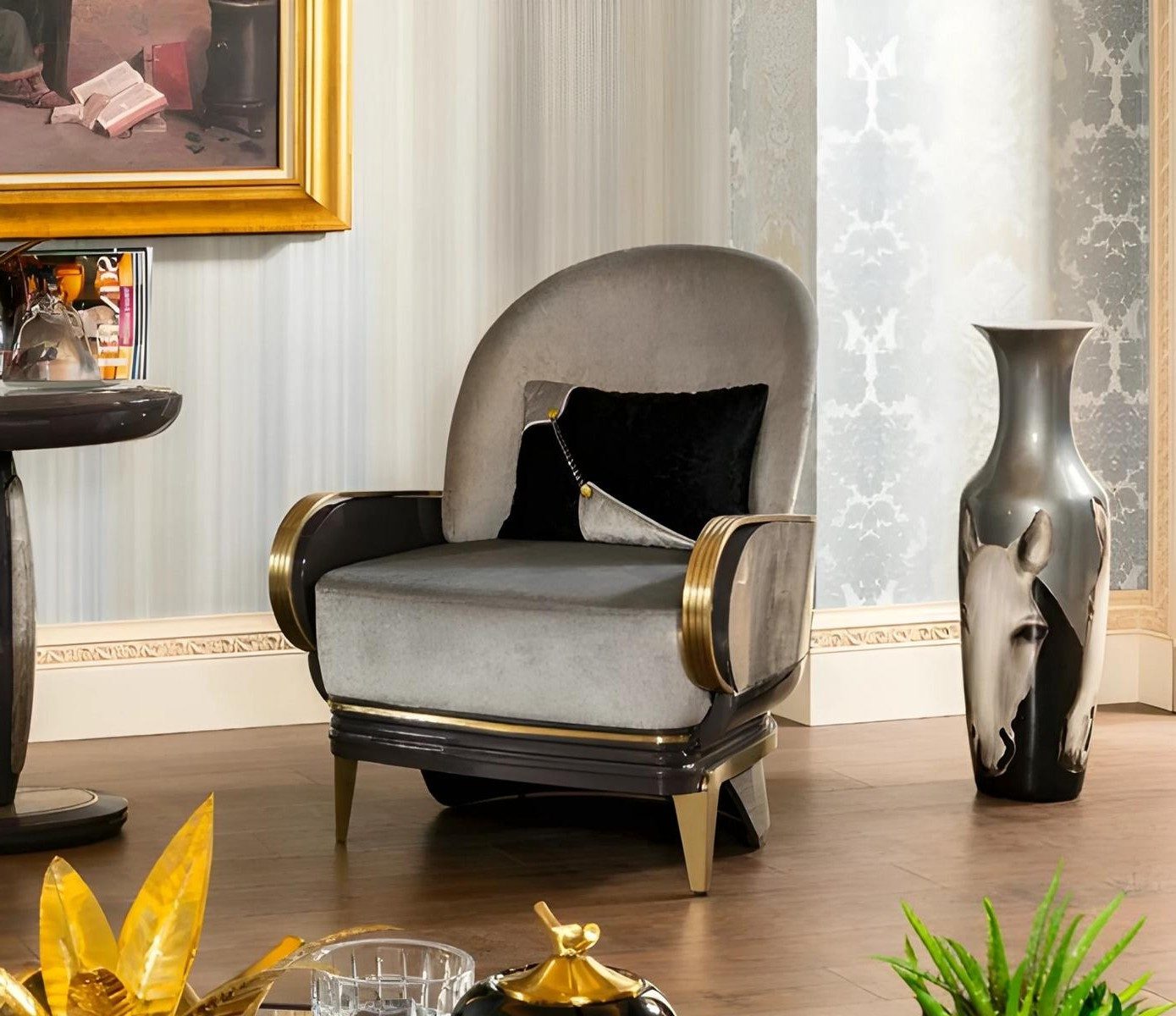 Xlmoebel Relaxsessel Eleganter grauer Loungesessel mit Armlehnen und Kissen (1-St., Loungesessel), Made in Europa