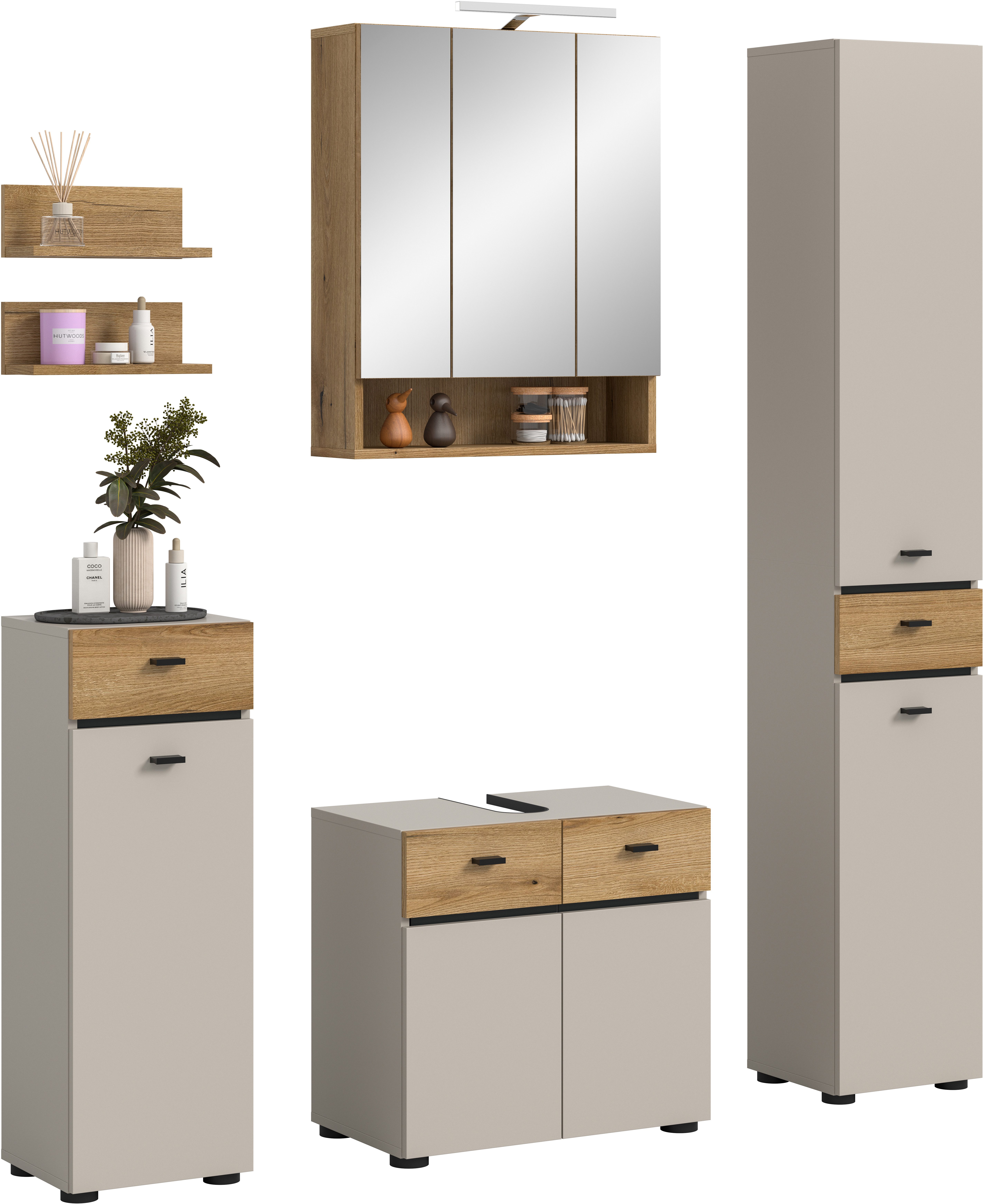 welltime Badmöbel-Set VANN, 6-teilige moderne Badkombination, inkl. Beleuchtung, (6-St., Midischrank, 2er Set Wandregal, WBU, Spiegelschrank, Hochschrank), Bad-Kombination, Bad-Möbel, Badezimmer, Kombination, Kombi, Bad-Set