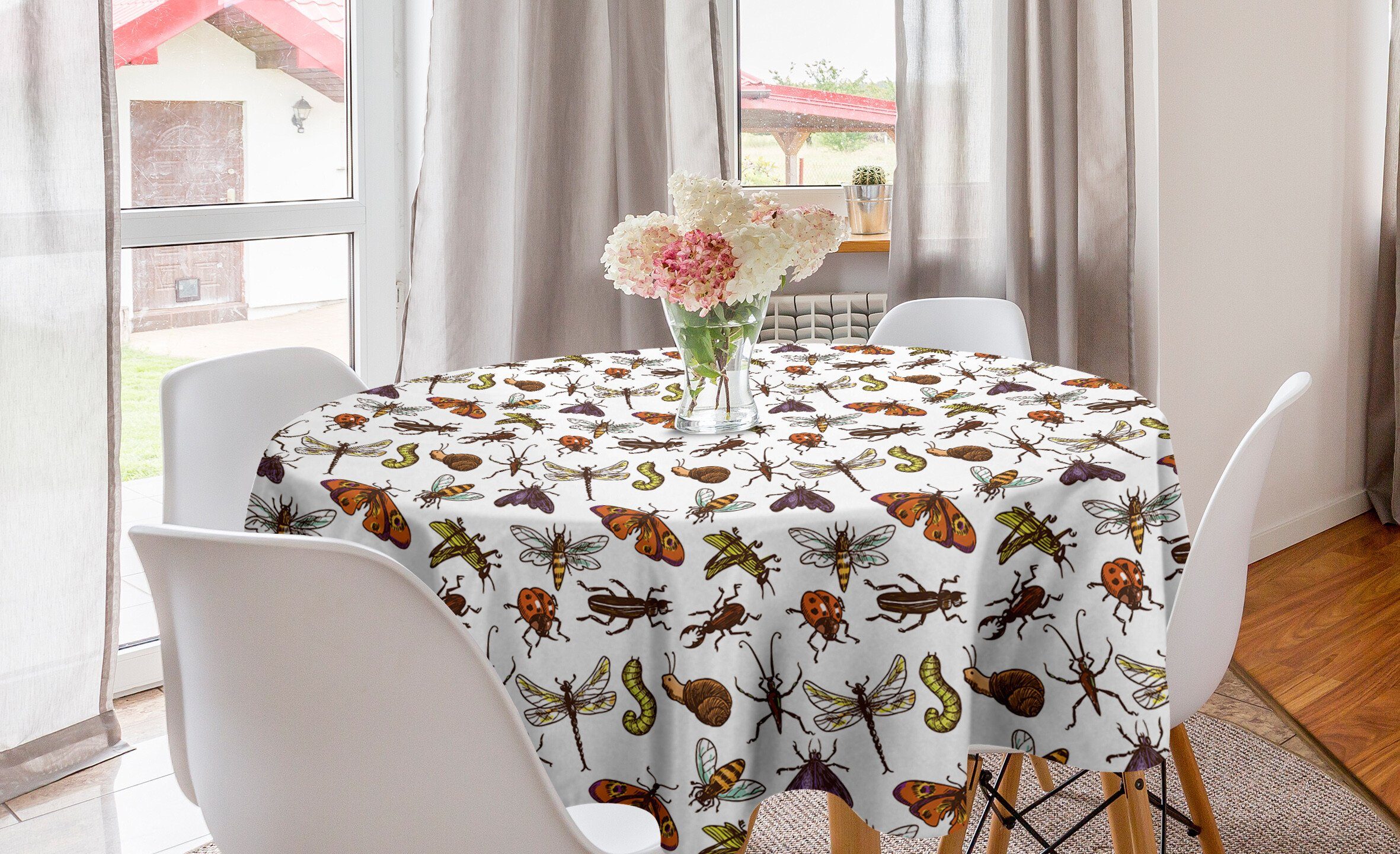 Abakuhaus Tischdecke Kreis Tischdecke Abdeckung für Esszimmer Küche Dekoration, Bugs Heuschrecken-Marienkäfer-Schmetterling | Tischdecken